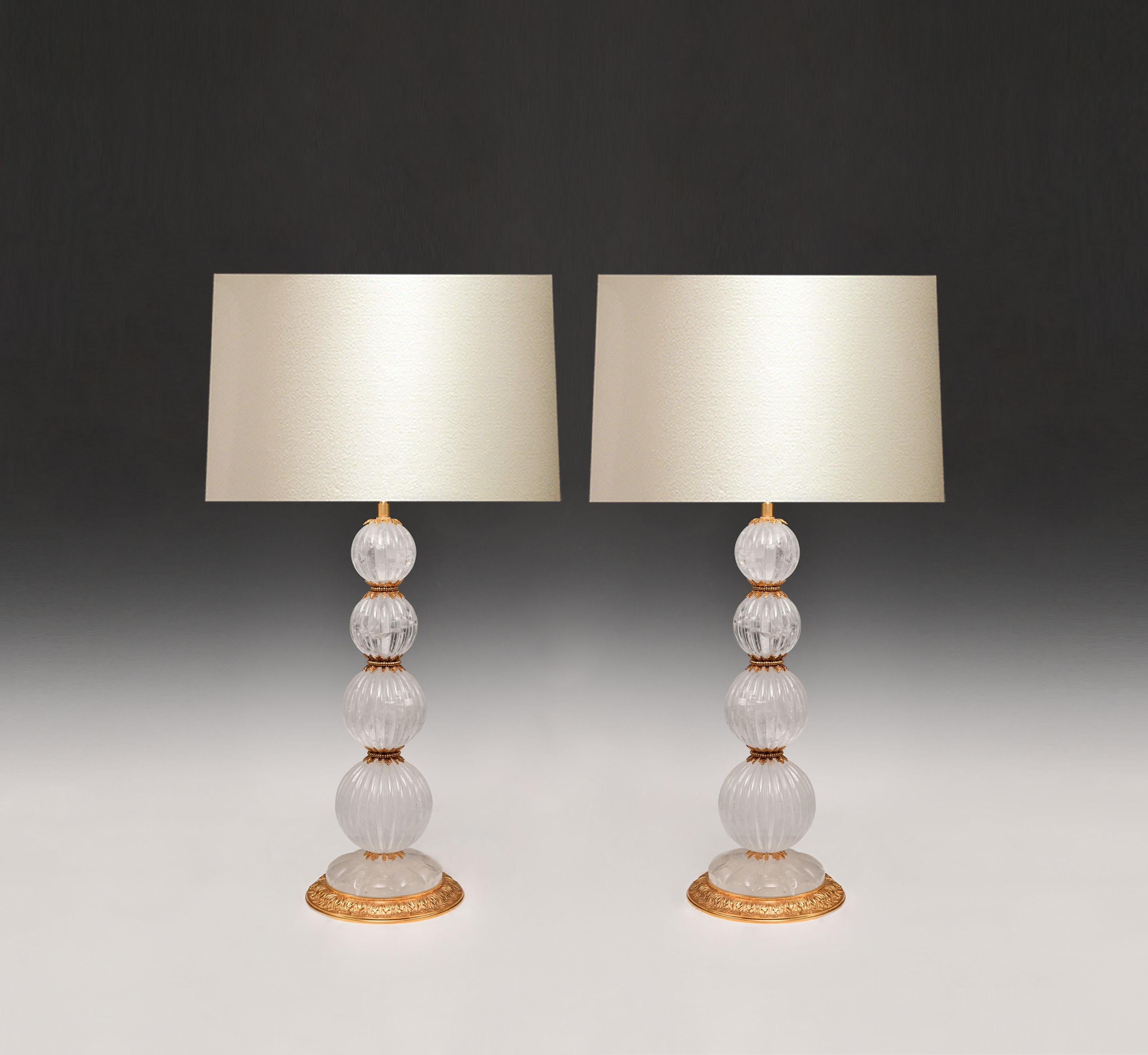 Pair of Fine carved globes ormolu-mounted rock crystal lamps. 
To the top of rack crystal: 19