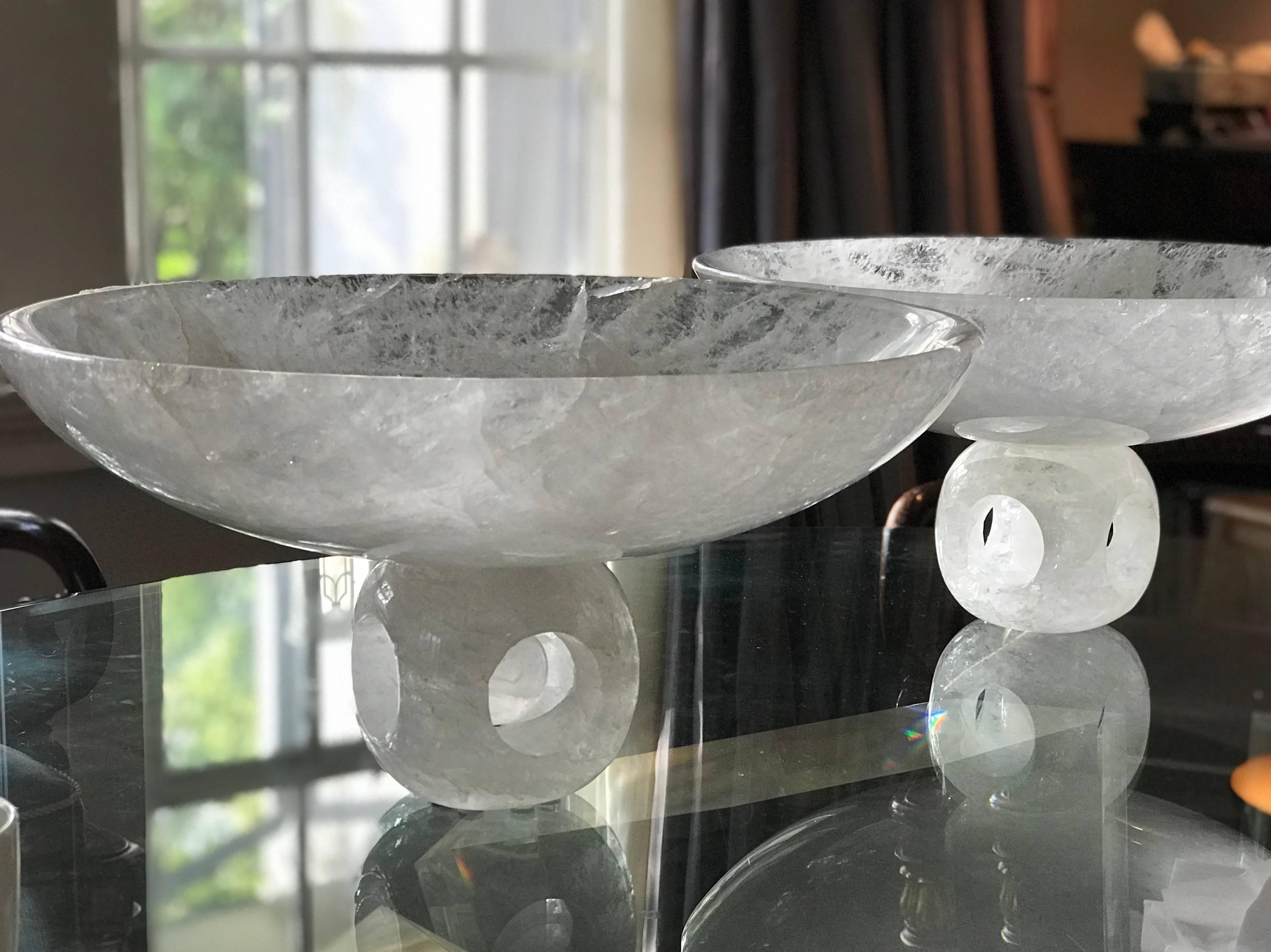 Large rock crystal bowl on a hollow cube base with rock crystal ball decorated.
