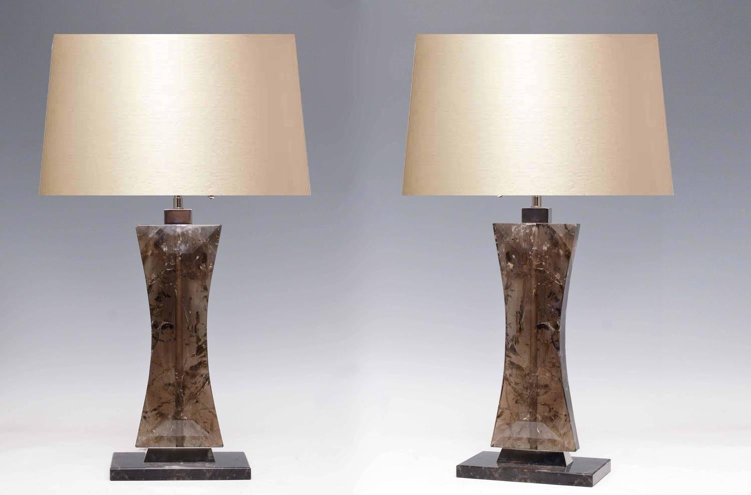 Contemporary Pair of Modern Smoky Brown Rock Crystal Quartz Lamps For Sale