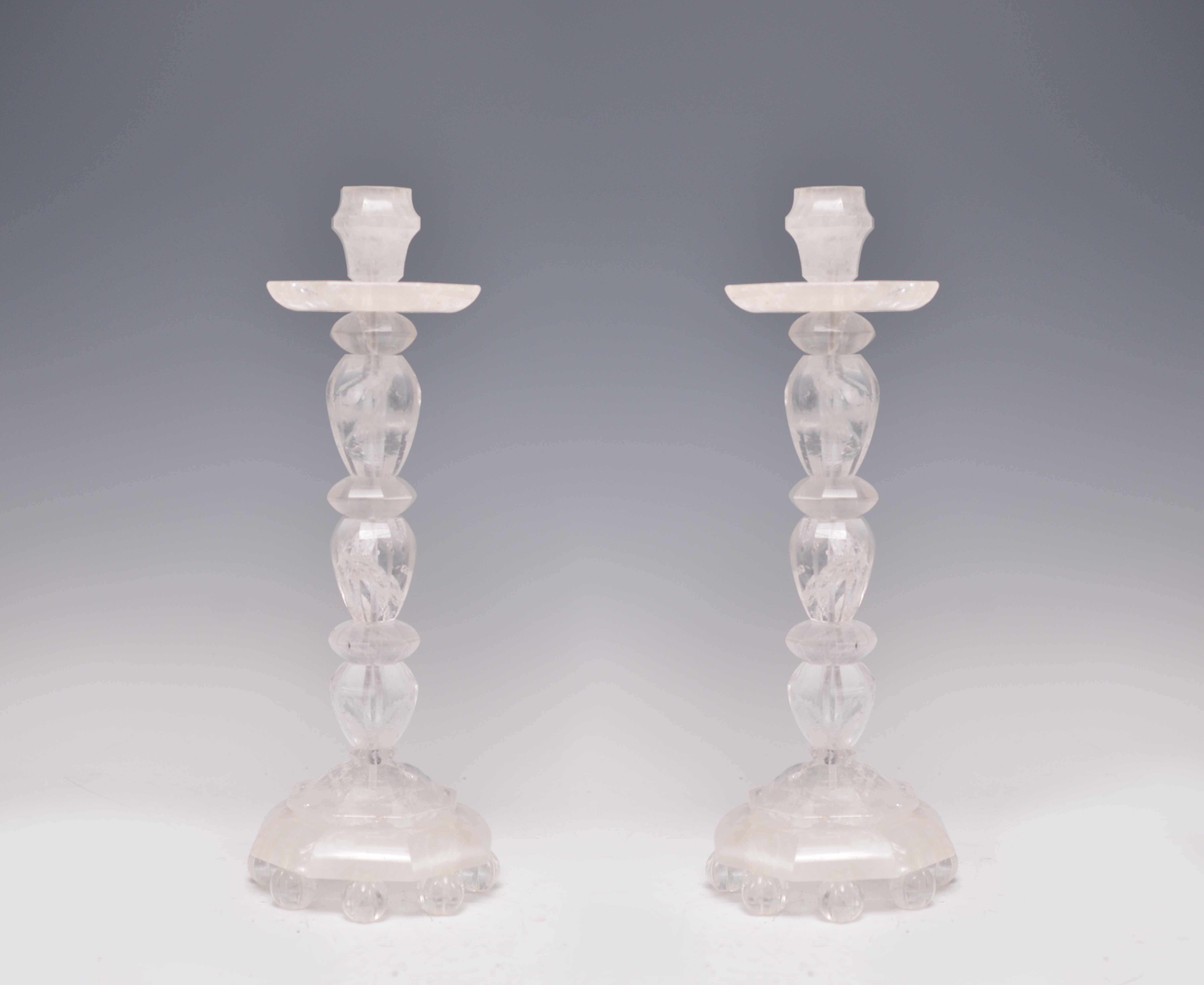 Pair of Fine Carved Rock Crystal Candlesticks In Excellent Condition In New York, NY