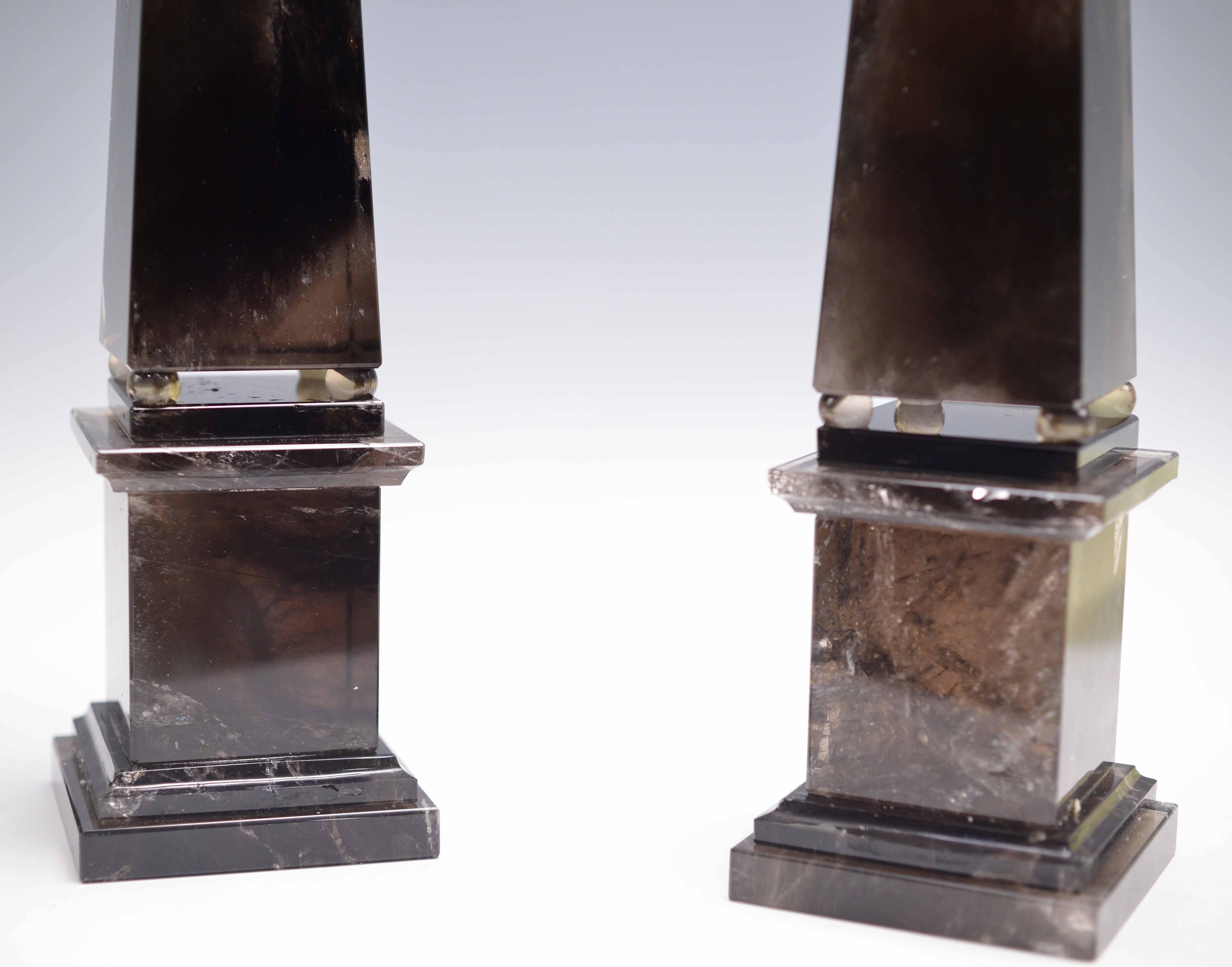 Pair of Smoky Brown Rock Crystal Obelisks In Excellent Condition In New York, NY
