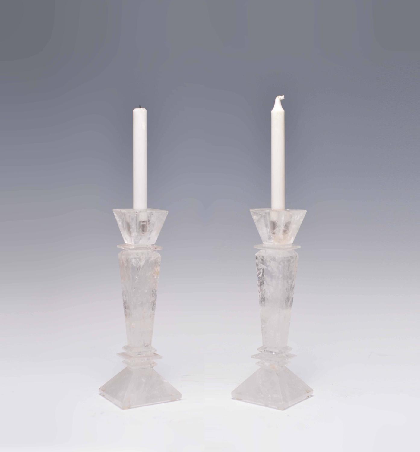 Pair of Modern Rock Crystal Quartz Candleholders For Sale at 1stdibs