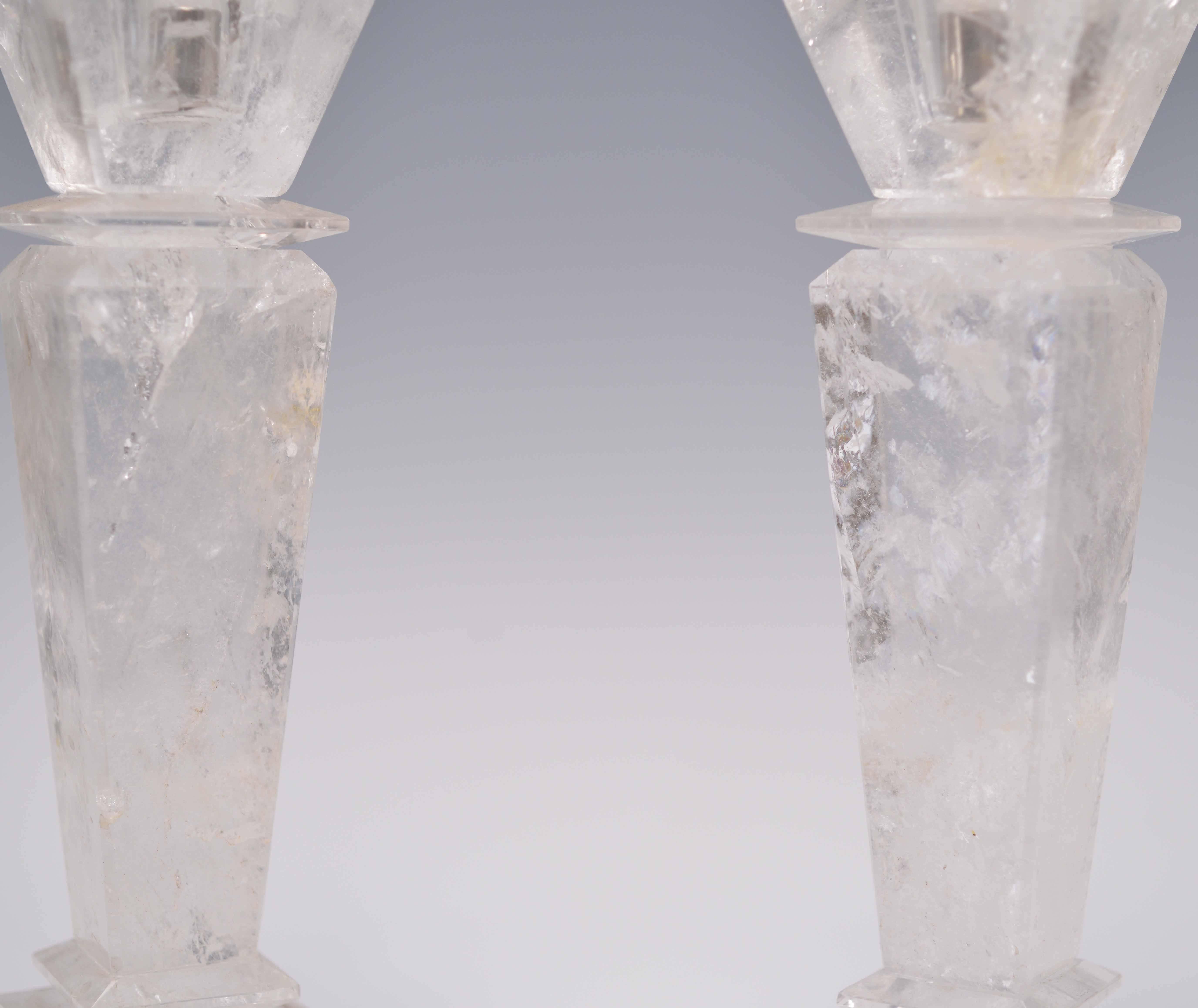 Pair of Modern Rock Crystal Quartz Candleholders In Excellent Condition In New York, NY