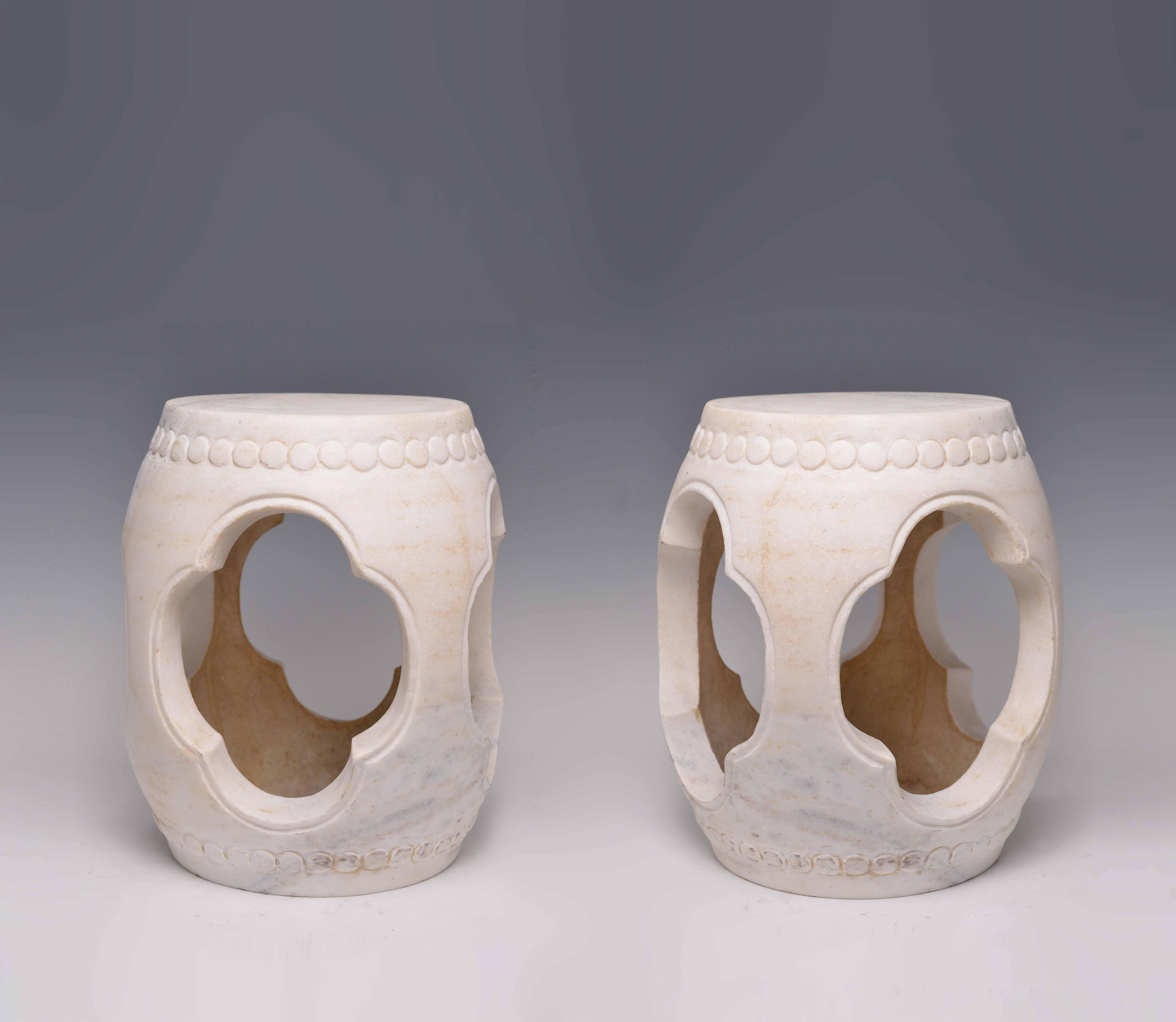 Pair of elegant form open work style fine carved limestone stools from Northern part of China, circa 1930.