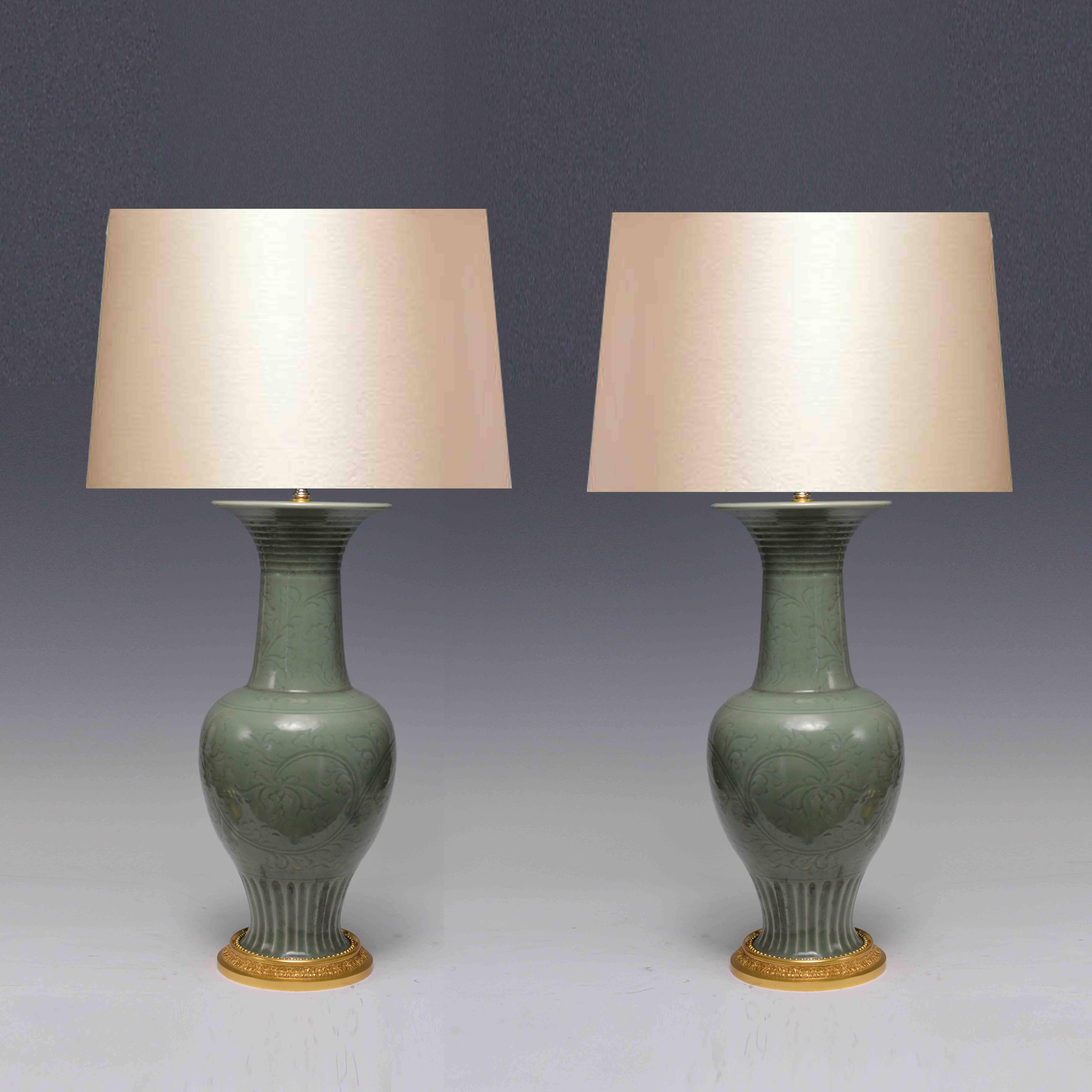 Pair of Celadon Glazed Porcelain Lamps In Excellent Condition In New York, NY