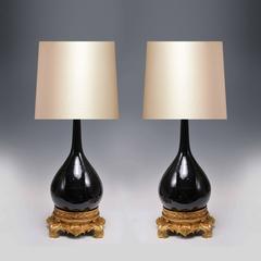 Pair of Ormolu-Mounted Mirror Black Porcelain Lamps