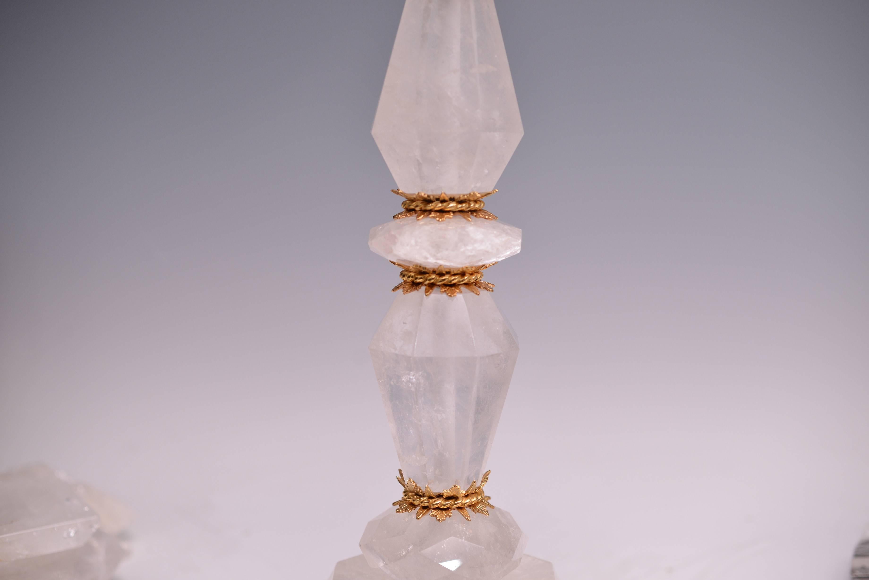 Pair of Ormolu Mount Rock Crystal Quartz Lamps In Excellent Condition In New York, NY