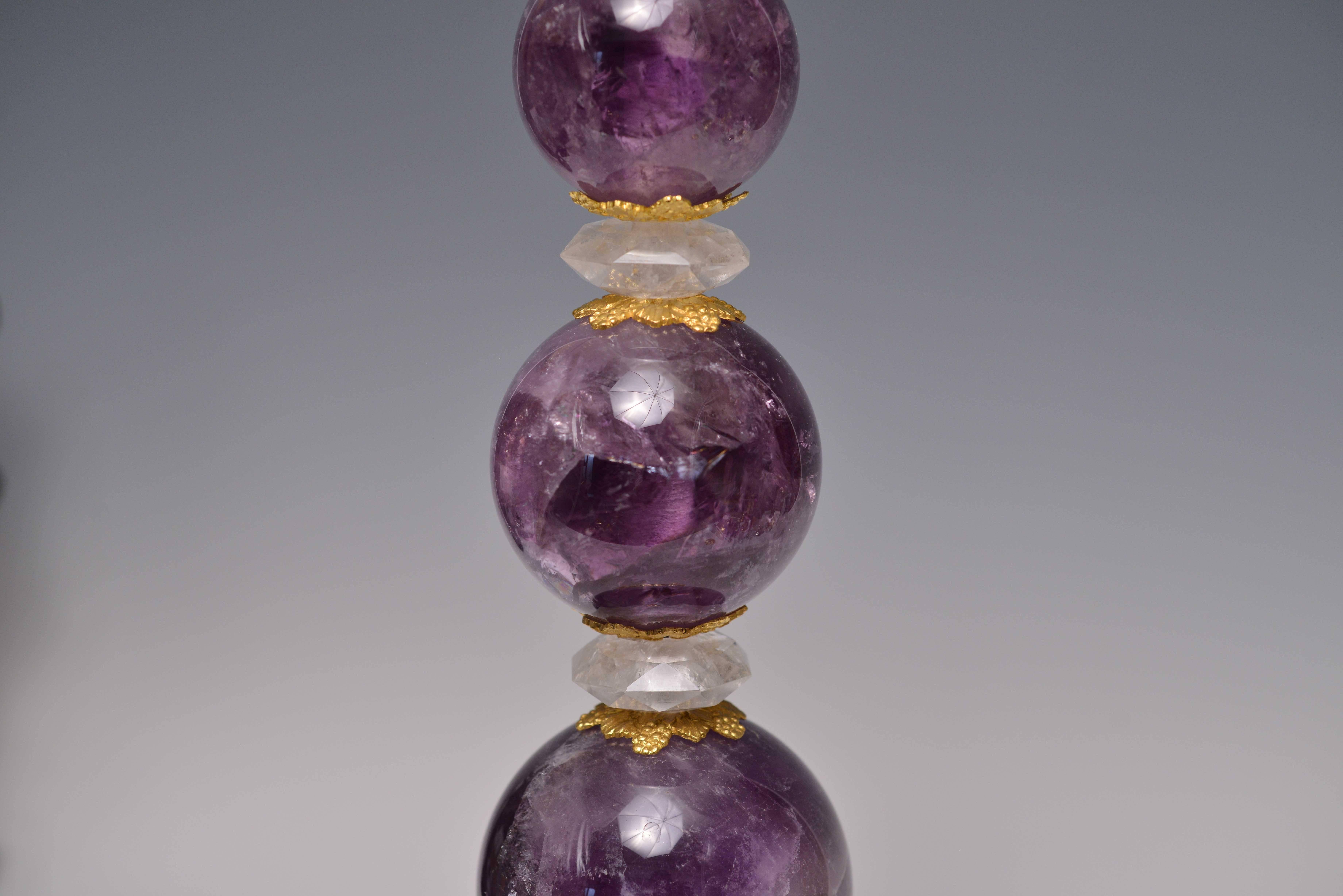 Pair of Ormolu-Mounted Amethyst Rock Crystal Quartz Lamps In Excellent Condition In New York, NY