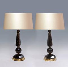 Pair of Prism and Globe Form Dark Rock Crystal Quartz Lamps