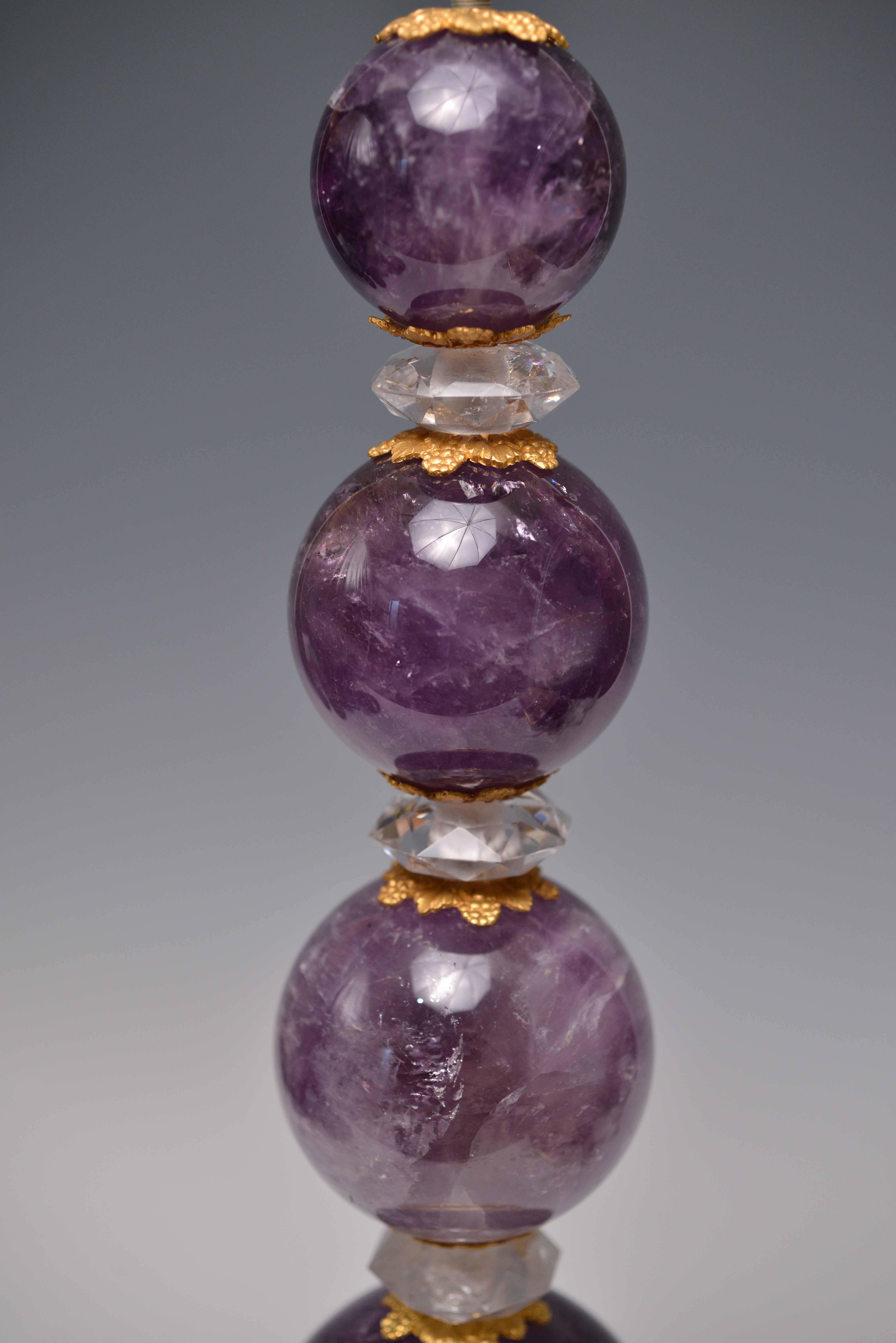 Pair of Ormolu-Mounted Amethyst Rock Crystal Quartz Lamps In Excellent Condition For Sale In New York, NY