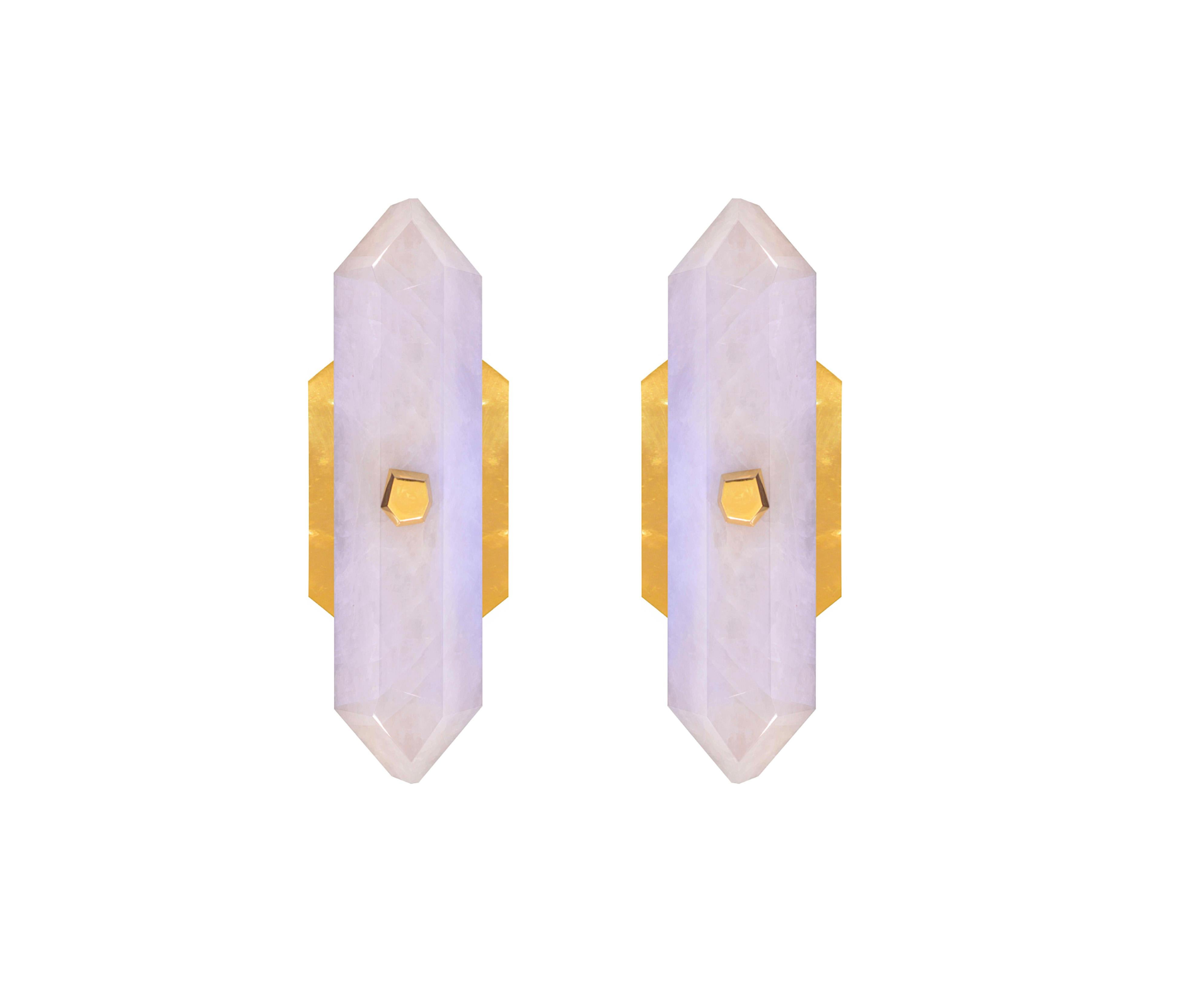 Contemporary Pair of Diamond Form Rock Crystal Quartz Wall Sconces For Sale