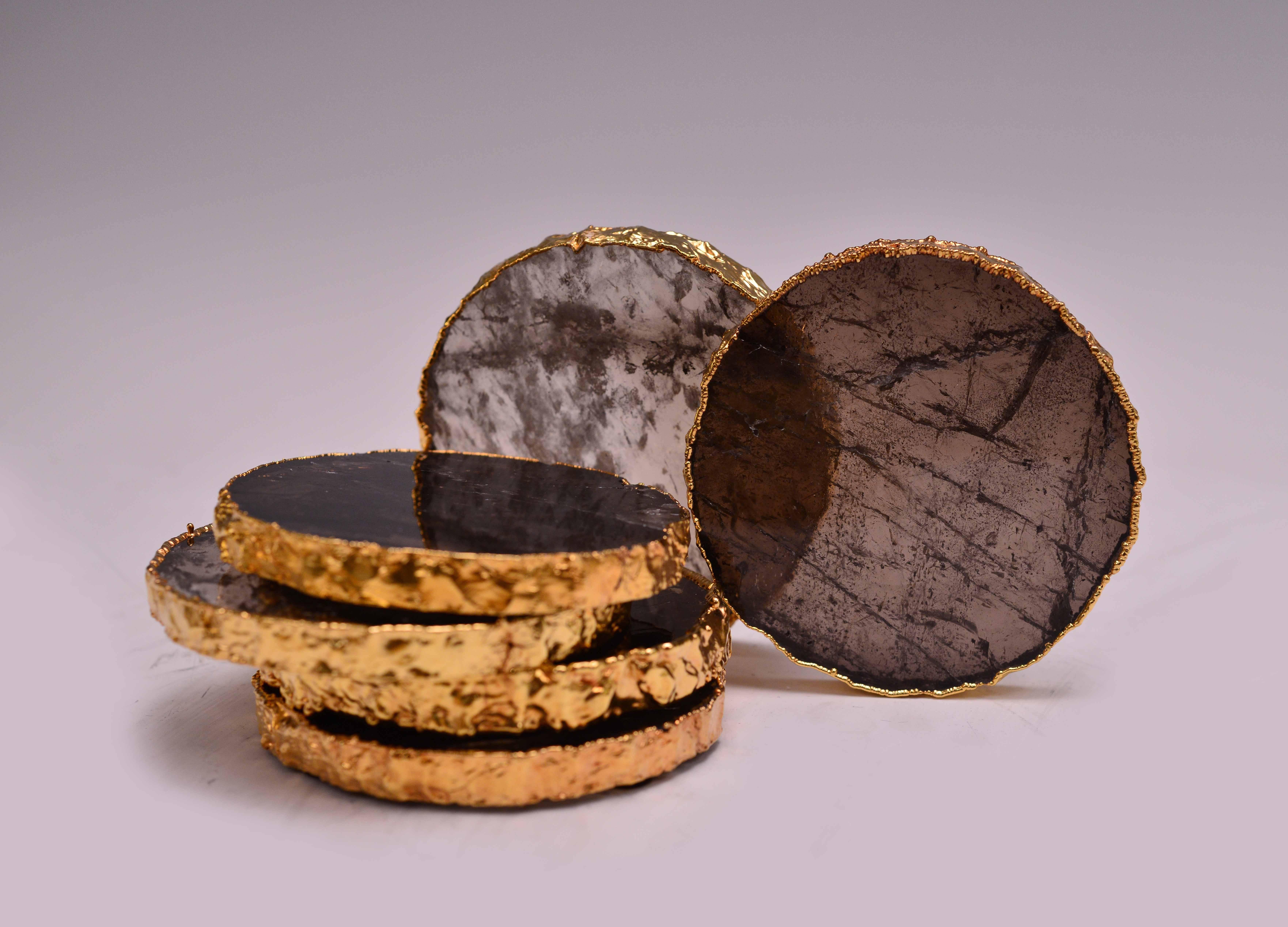 Group of Eight Circular Smoky Brown Rock Crystal Quartz Coasters In Excellent Condition In New York, NY