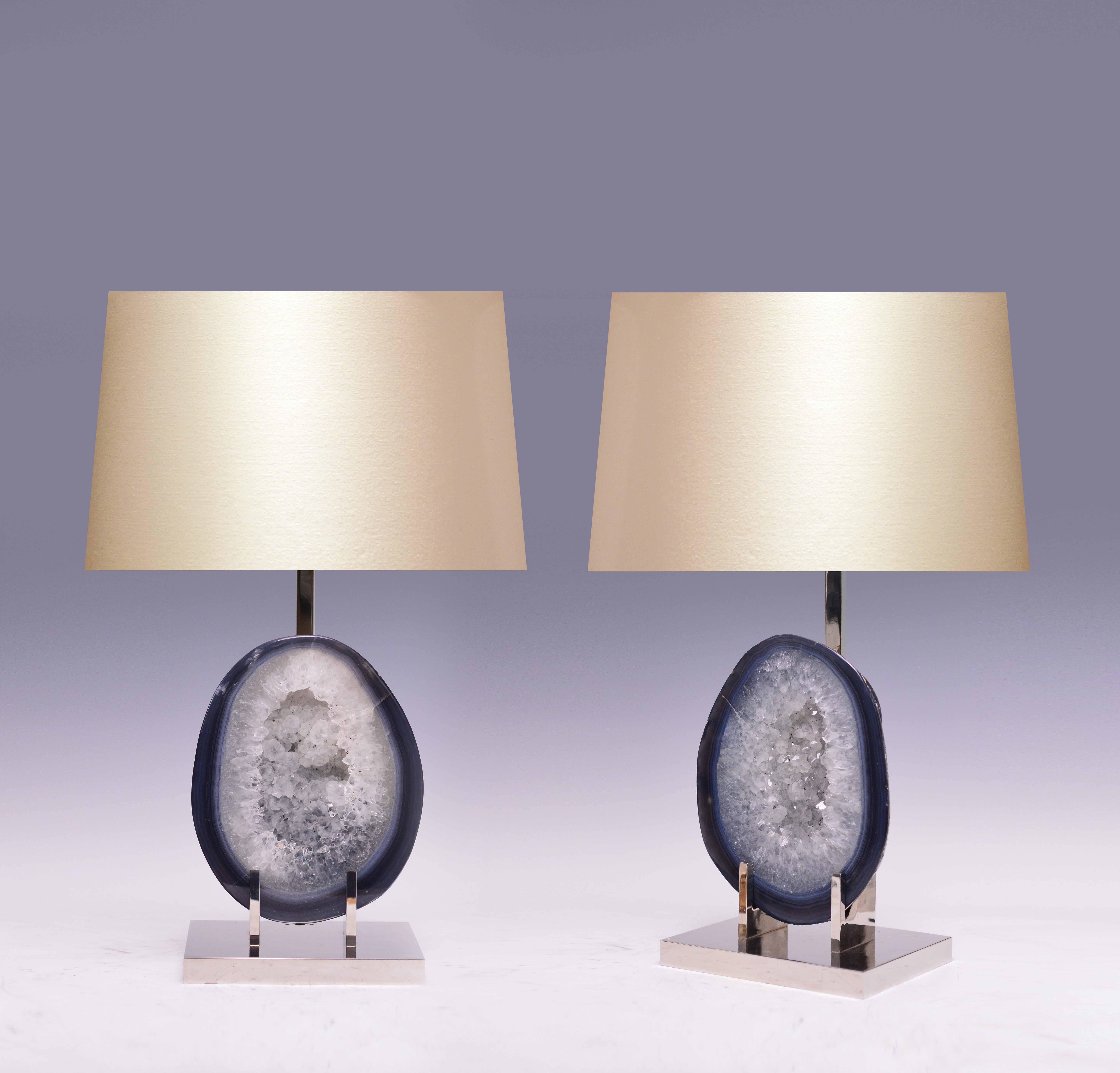 Pair of rare grayish blue natural agate mount as lamps with nickel plating stand, created by Phoenix Gallery.
(Lampshade not included)