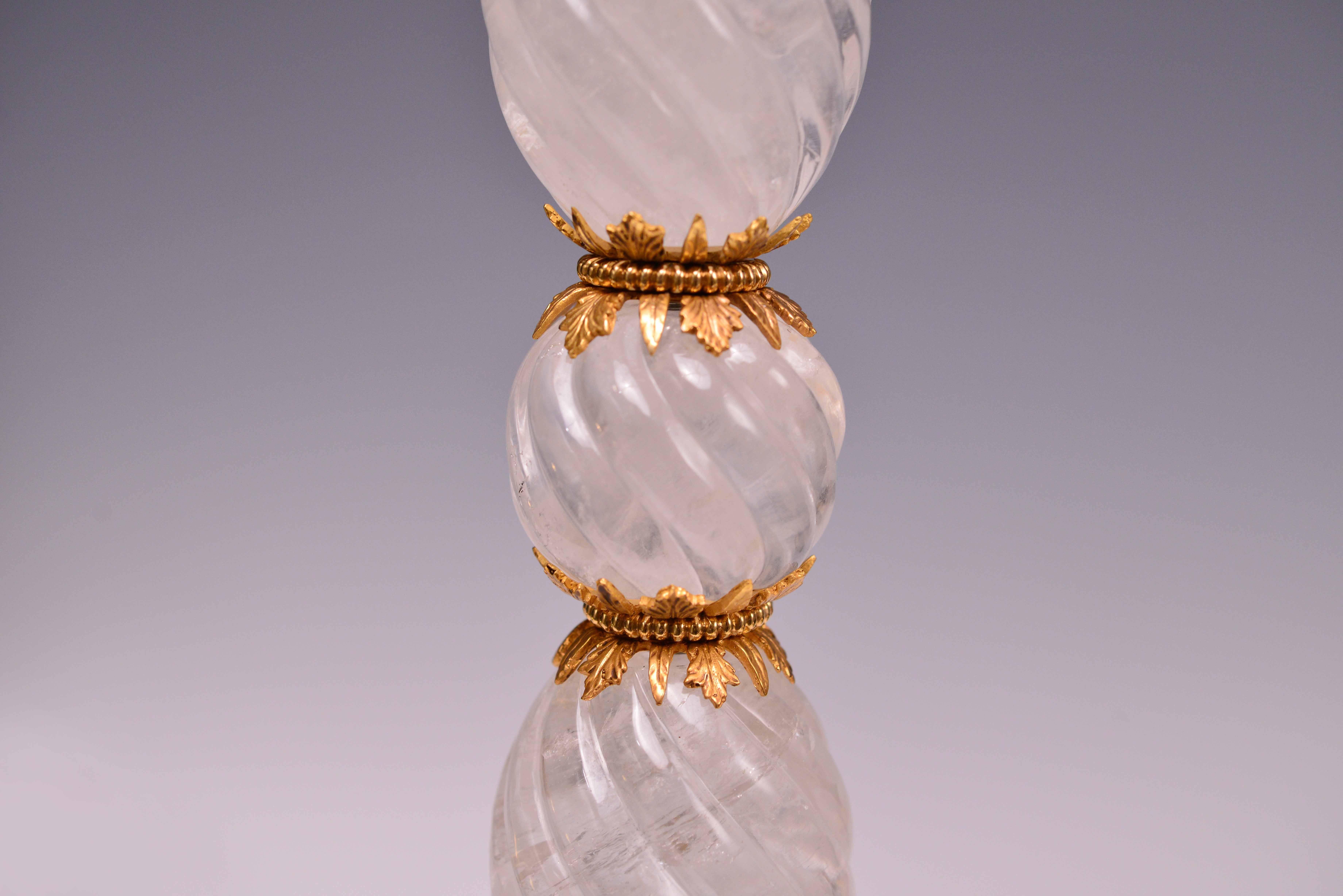 Pair of Fine Carved Rock Crystal Quartz Lamps In Excellent Condition For Sale In New York, NY
