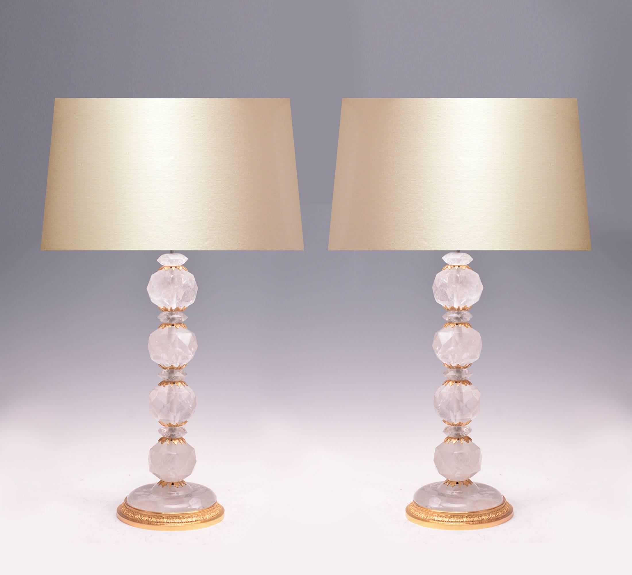 A pair of globe form rock crystal quartz lamp with diamond form rock crystal decorations inserted, fine ormolu-mounted, created by Phoenix Gallery, NYC.
Measure: To the rock crystal: 18.5