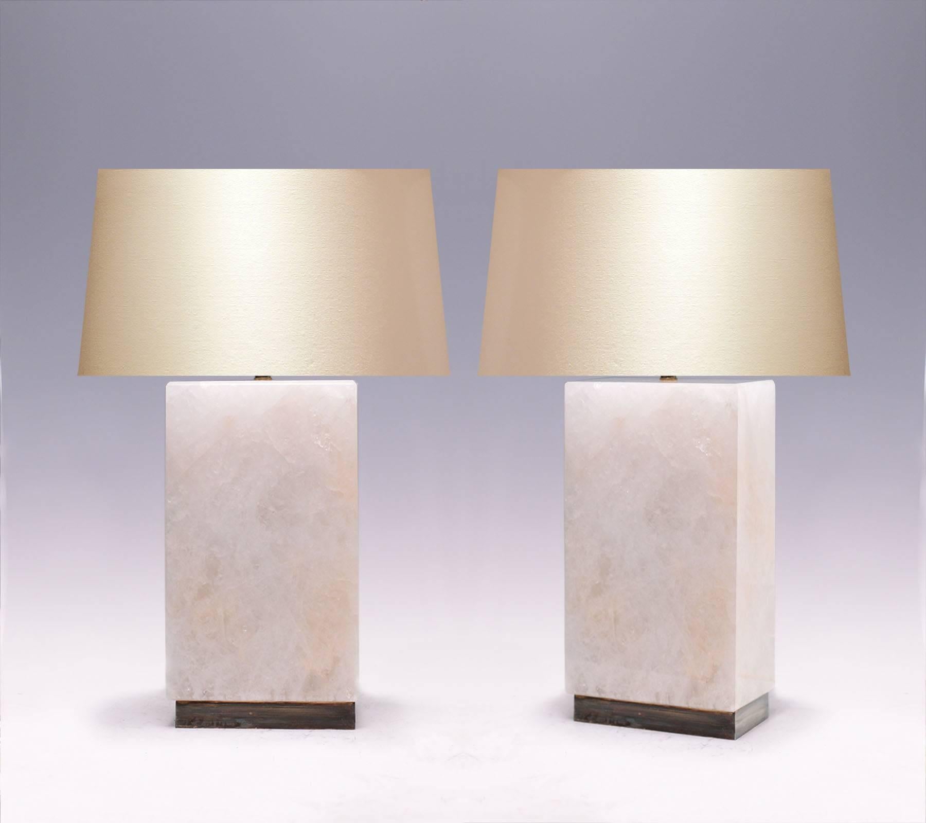 A fine carved block form rock crystal lamp with antique brass base.
Available in nickel plating and polished brass finished.
Measures: To the rock crystal: 12.5