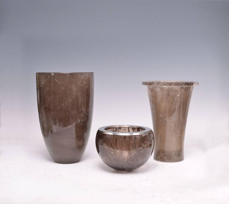 Group of Three Smoky Gray Rock Crystal Quartz Vases For Sale at 1stdibs