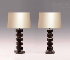 Pair of Cubic Form Dark Rock Crystal Lamps with Antique Brass Insert Decoration