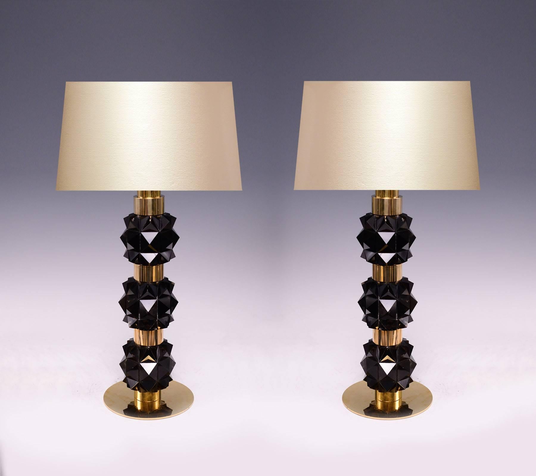 A pair of  rock candy dark rock crystal quartz lamps with polished brass decorations, created by Phoenix gallery.
Lampshade not included.
