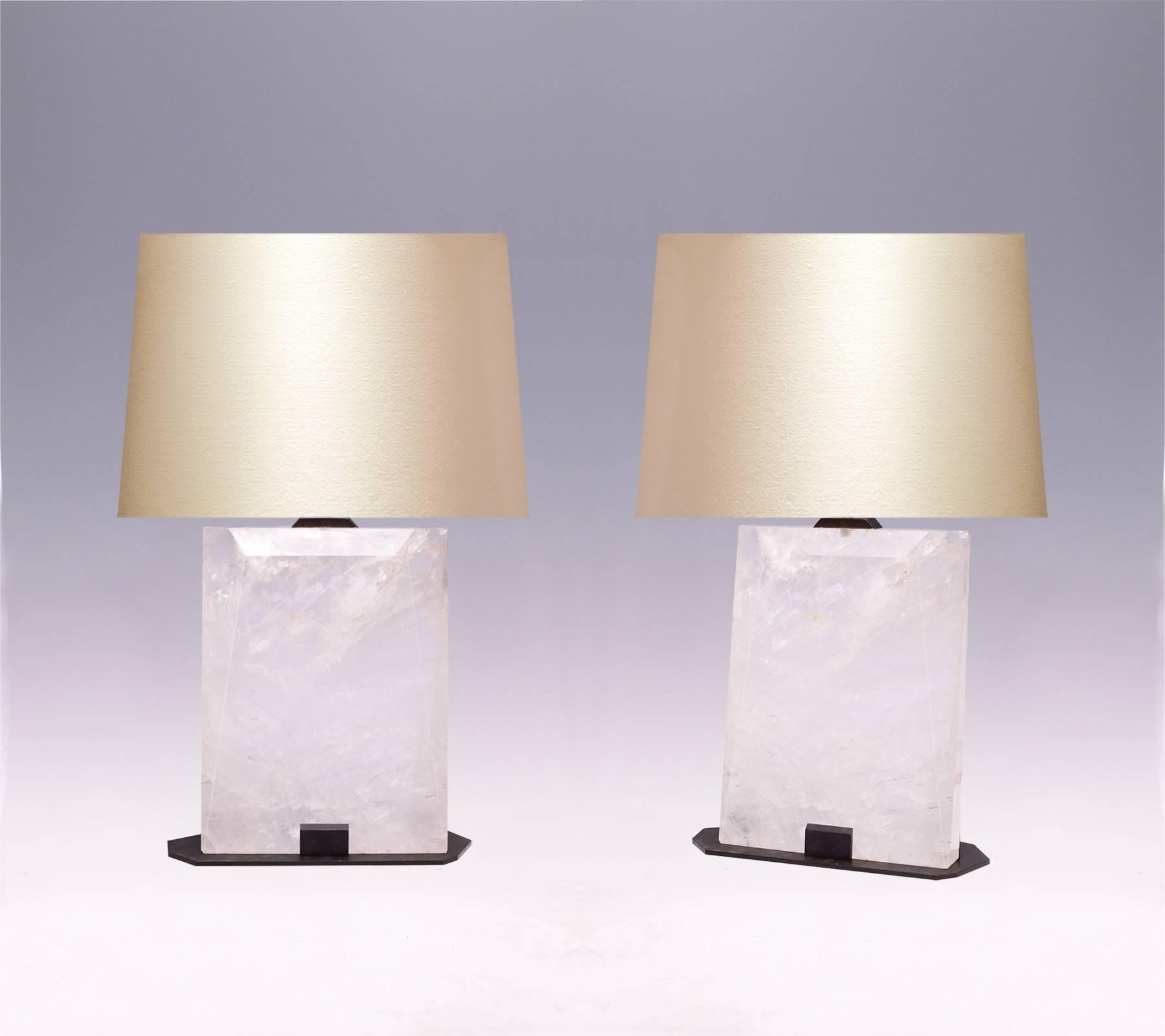 A pair of carved faceted block form rock crystal quartz lamps, created by phoenix gallery.
Measure: To the rock crystal 12