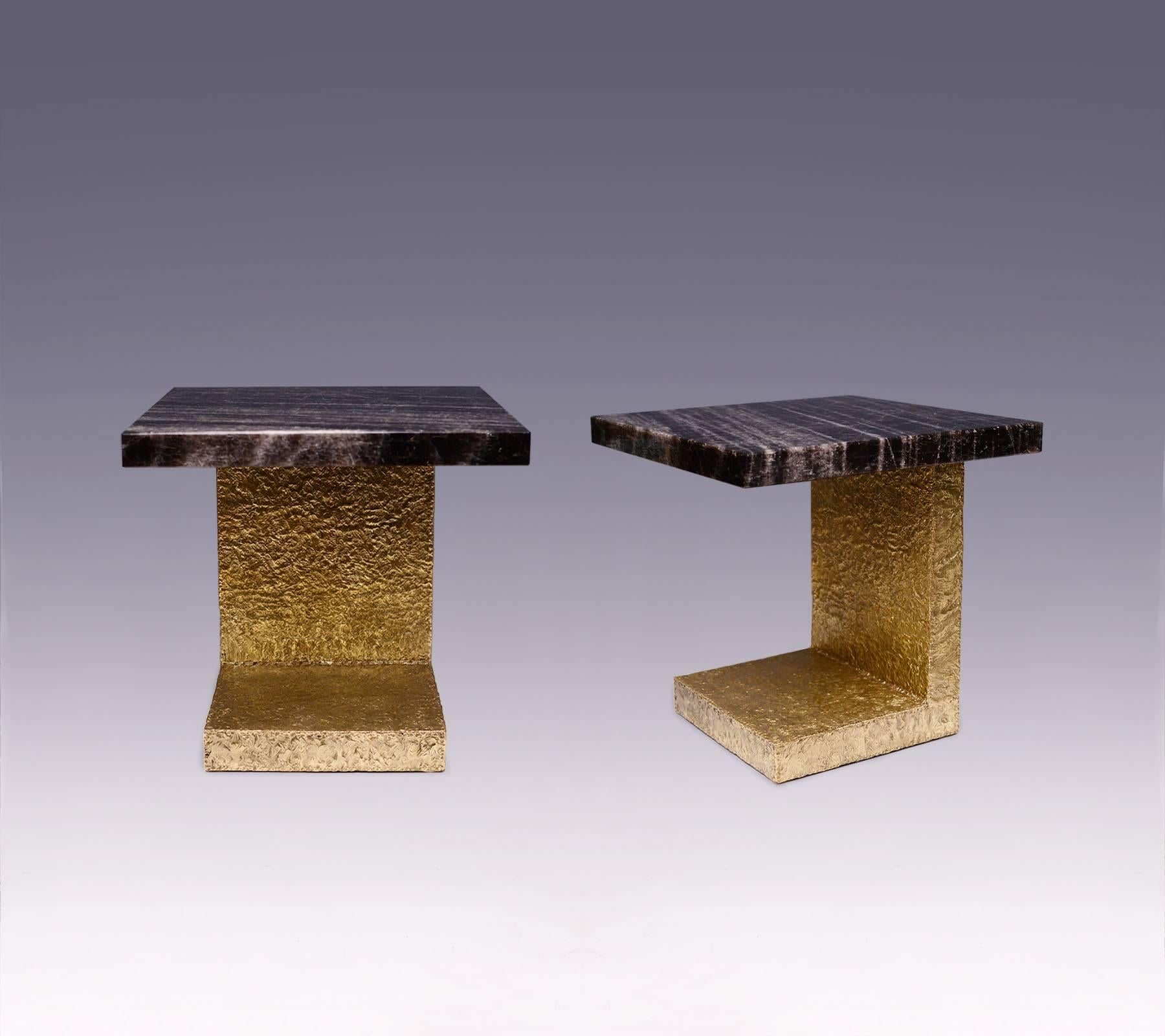 luxury smoky dark rock crystal quartz side table with hammered brass base, created by Phoenix Gallery 
