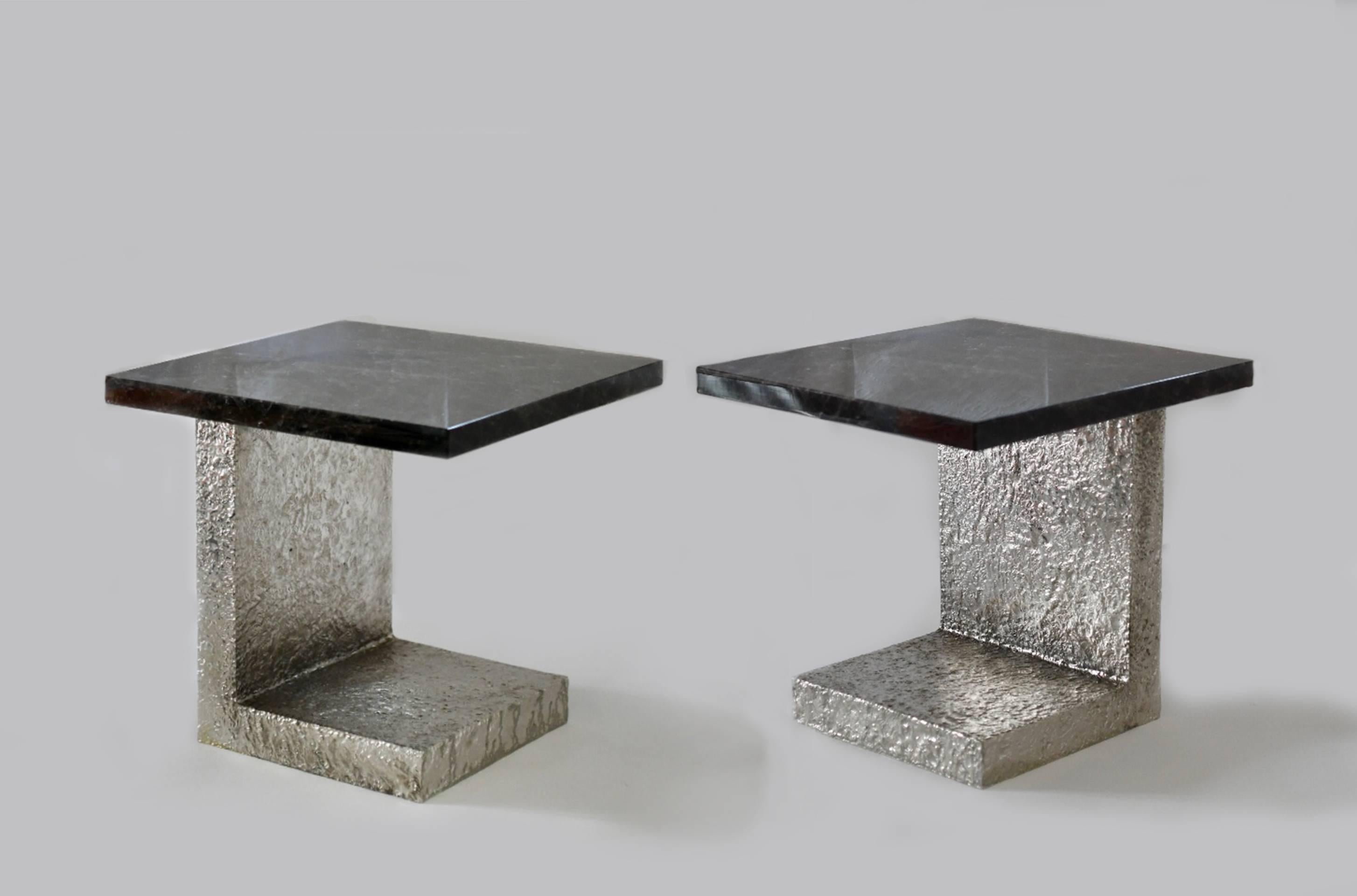 luxury smoky dark rock crystal quartz side table with nickel plating base, created by Phoenix Gallery (NYC).

