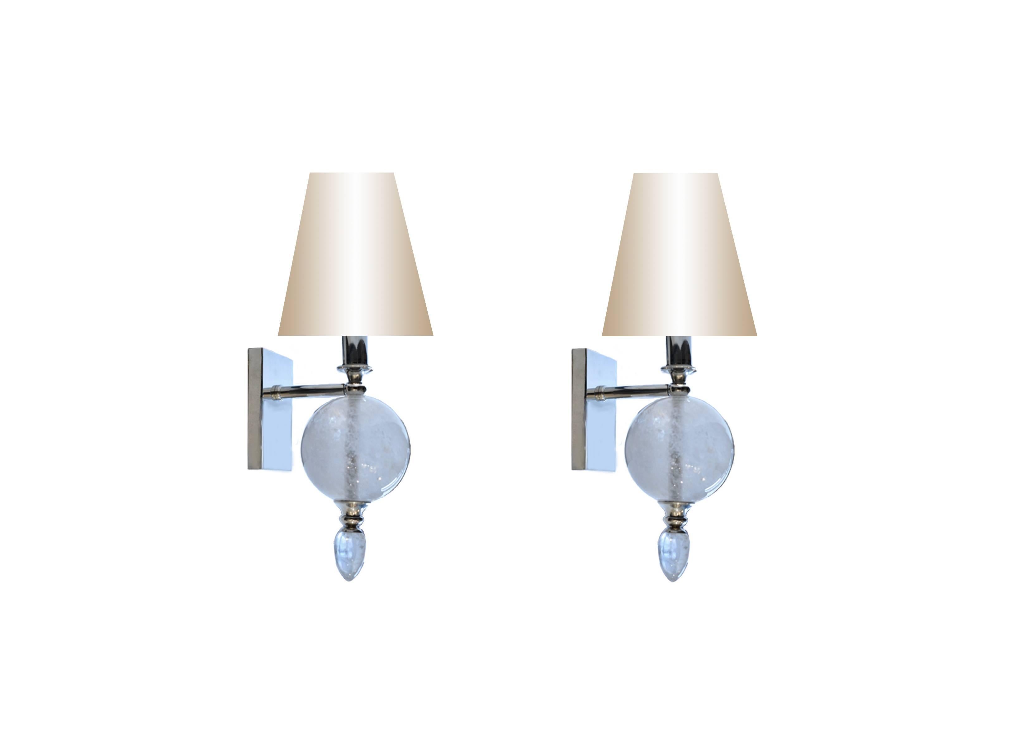 A Pair of Modern Rock Crystal Sconces with nickel plating finsih. 
