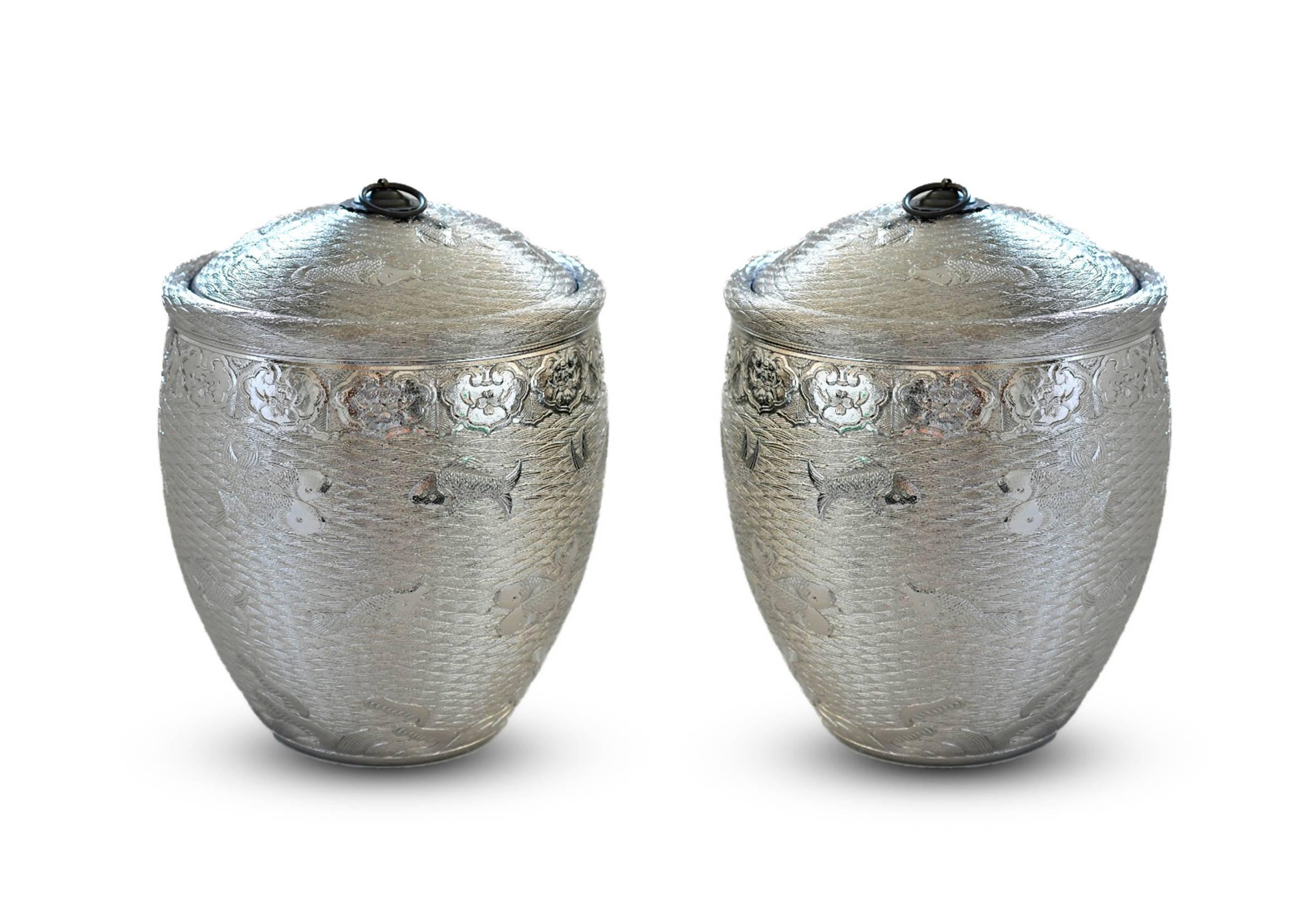 Pair of Fine Carved Silver Glazed Porcelain Jars with Covers For Sale 2