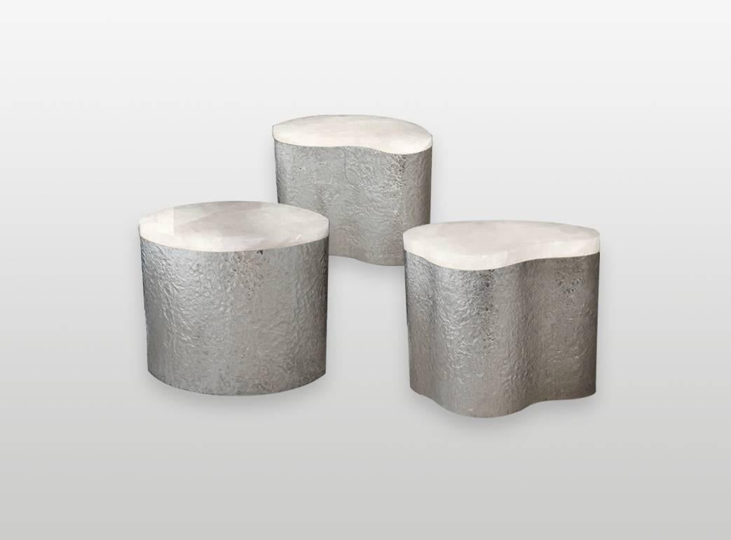 Group of three patterned burnished nickel plating finishes metal side tables with smoky white rock crystal quartz top, created by Phoenix Gallery NYC. 
Can be sold by the individual item. $6,400 each.
Custom measurement and finish available. 
From