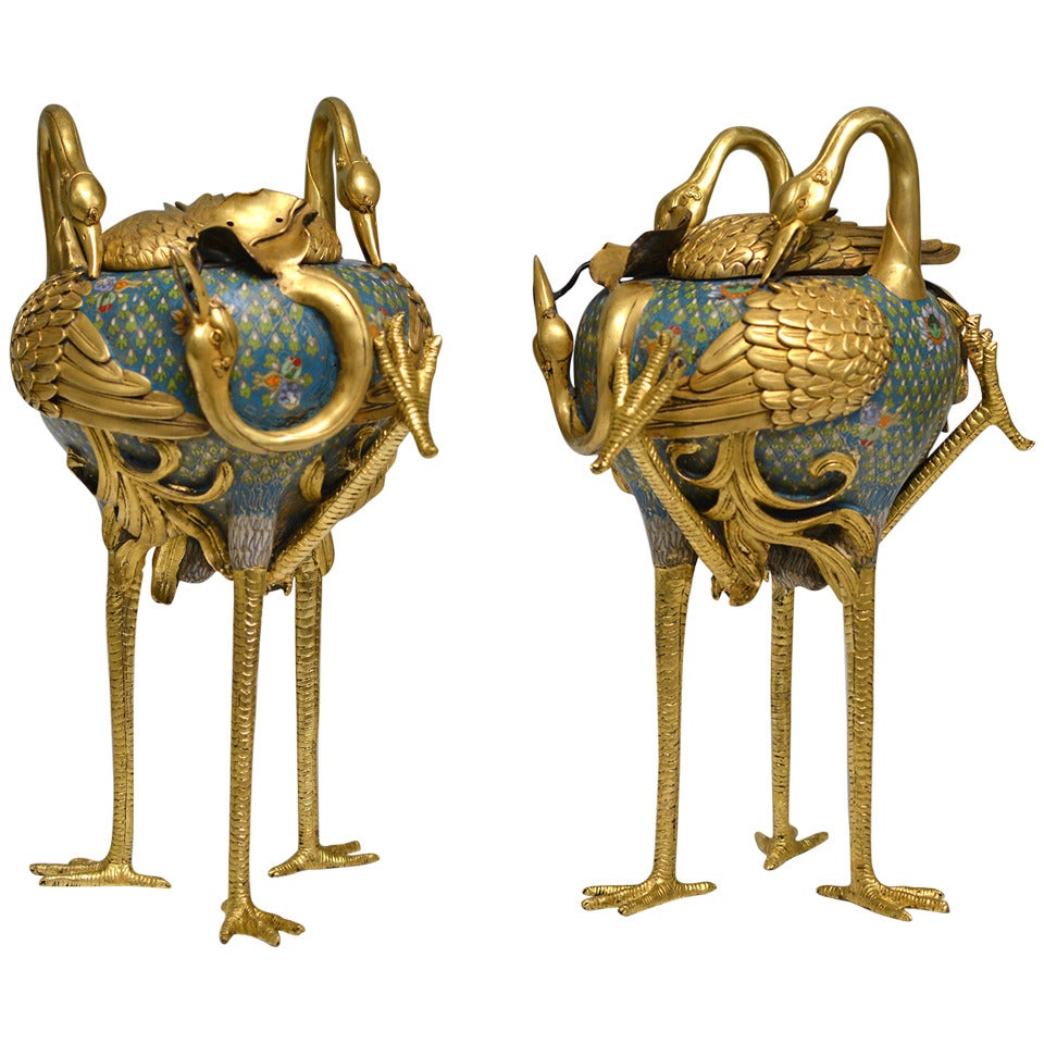 Pair of Cloisonne Triple Crane-Form Censers and Covers For Sale