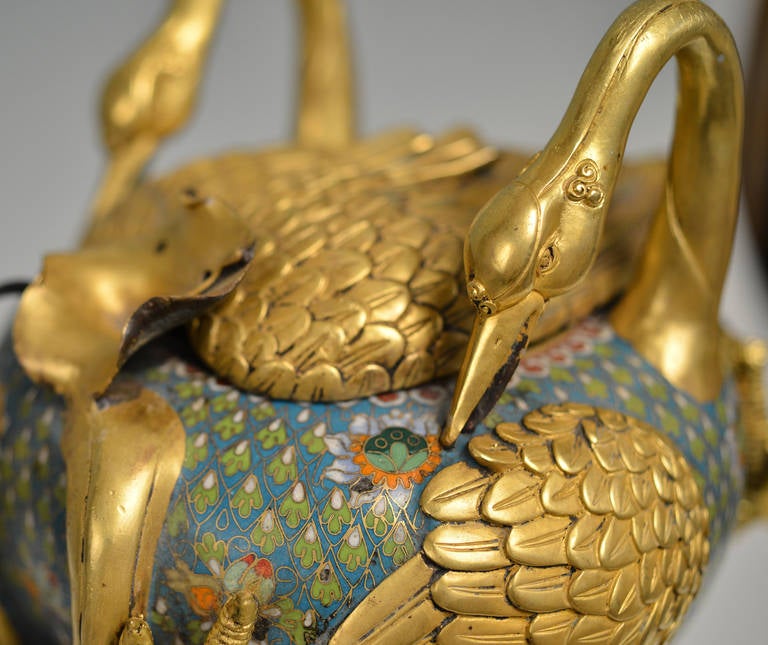 Pair of Cloisonne Triple Crane-Form Censers and Covers In Good Condition For Sale In New York, NY