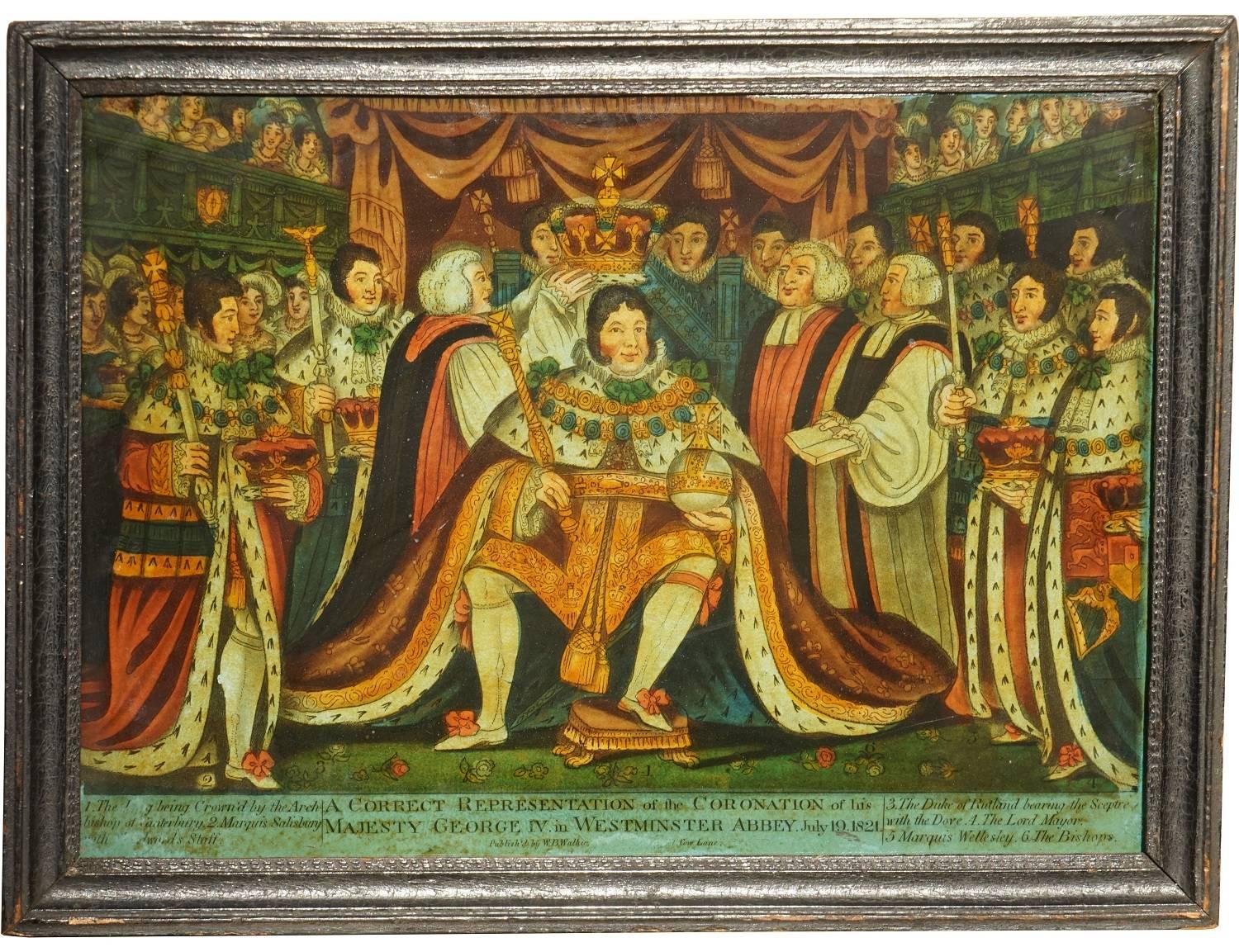 A group of 11 reverse glass mezzotints depicting various scenes relating to George III and Queen Charlotte; George IV, and his daughter and son-in-law, Princess Charlotte and Prince Leopold of Saxe-Coburg. The group includes a number of scenes