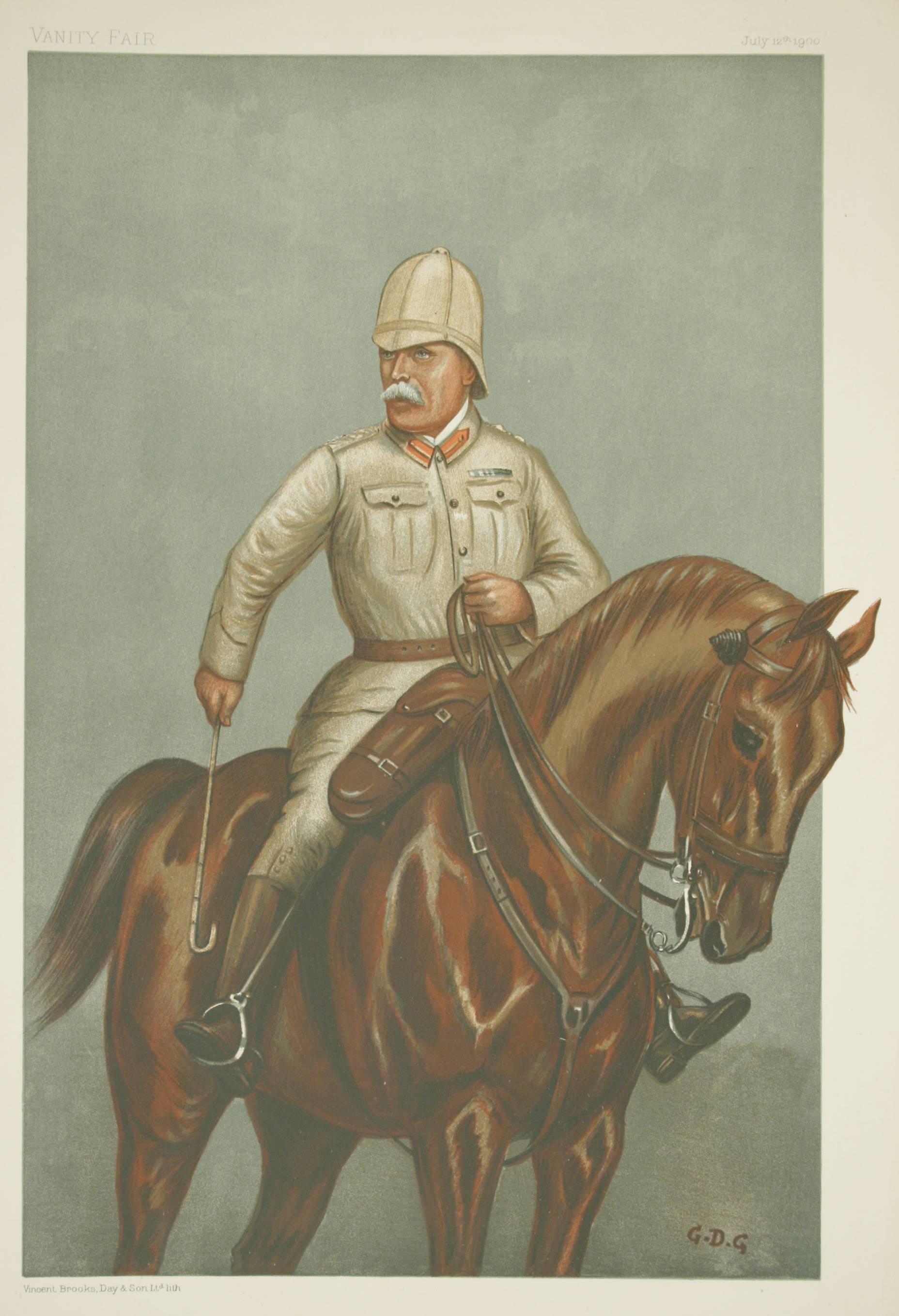 Vanity fair military print 'the Cavalry Division' after G.D.G.
A chromolithograph military print published 12th July, 1900, by Vincent Brooks, Day & Son Ltd. Lith., for Vanity Fair. The picture is titled 'the Cavalry Division' and is an original