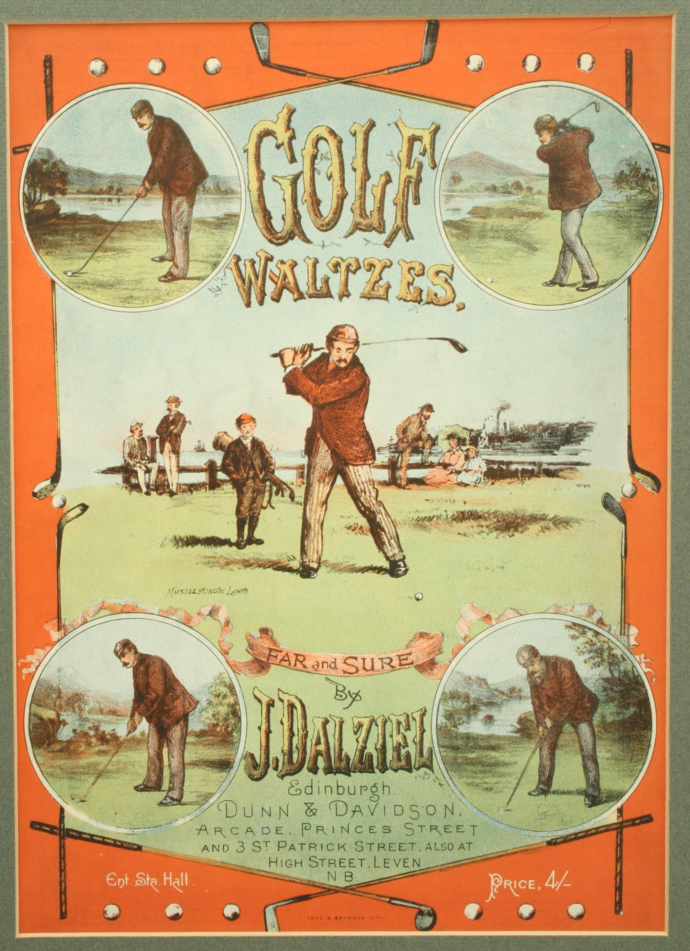 Golf Waltzes, Far & Sure by J. Dalziel.
An eight page booklet of sheet music by Dalziel entitled 'Far and Sure'. The lithographed front cover with main image of a golfer on Musselburgh Links. The image is surrounded by four smaller golfing scenes