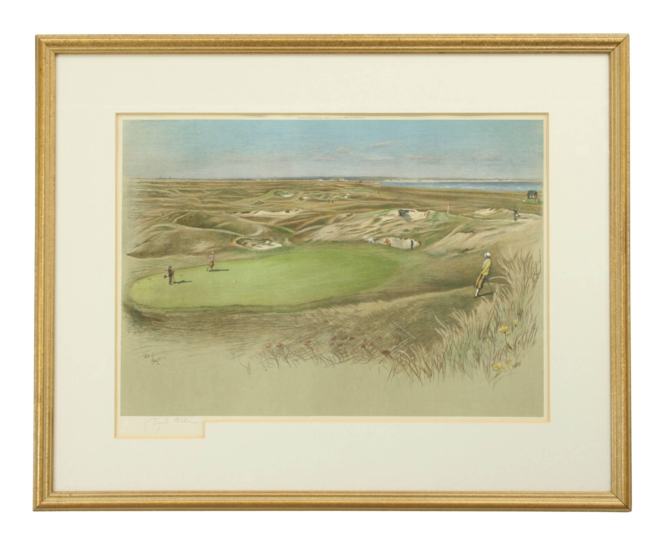Royal St. George's after Cecil Aldin.
A mounted and framed golf photolithograph of Royal St. George's, Sandwich, 'The Maiden' green after C. Aldin. Signed in pencil by the artist. Printed and published by Eyre & Spottiswoode, Ltd., His Majesty's