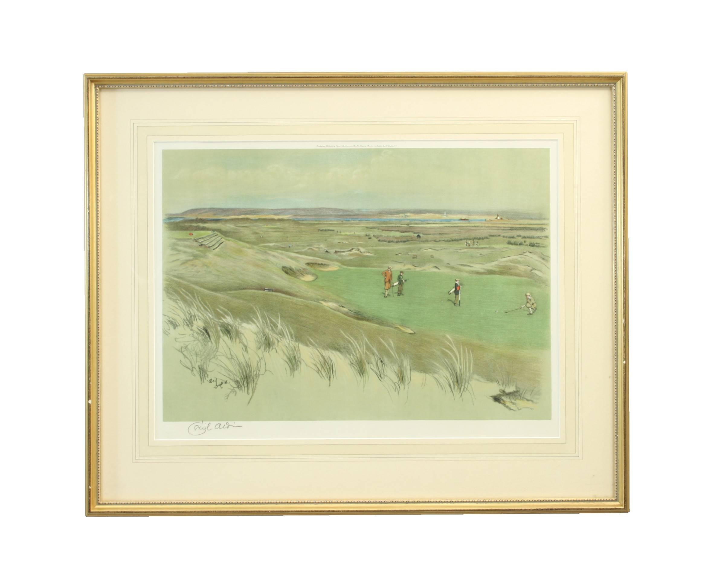 A mounted and framed golf photolithograph of Westward Ho! (the sixth green), after Cecil Aldin. Signed in pencil by the artist. Printed and published by Eyre & Spottiswoode, Ltd., His Majesty's printers. Four Middle New Street, London,
