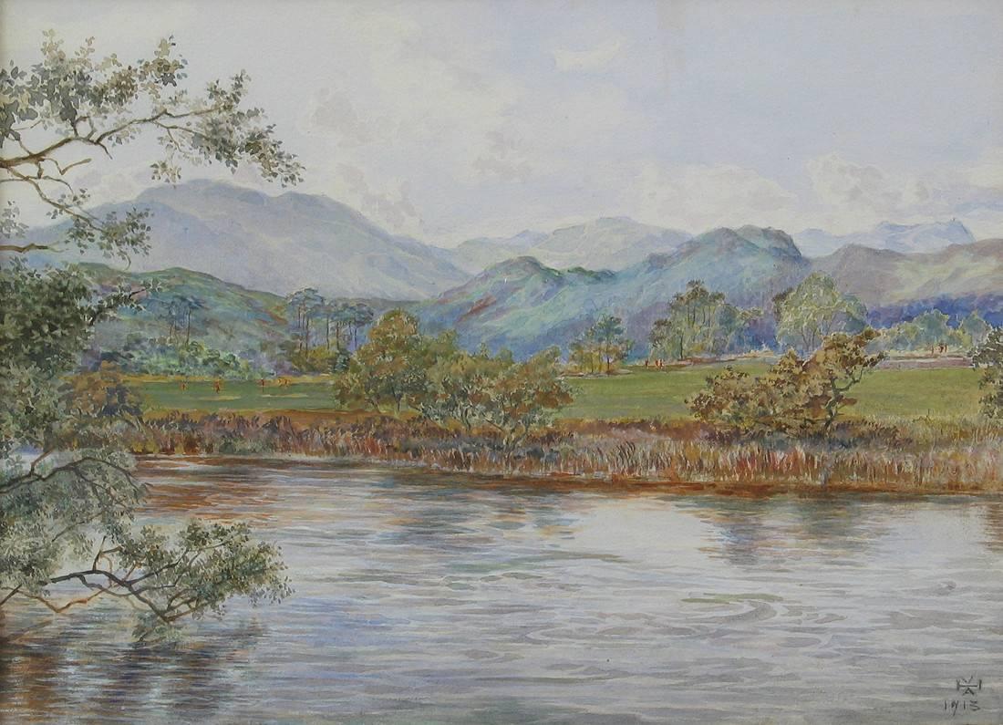 A charming watercolor of golfers on the golf course, possibly at Callander, with Ben Ledi beyond. This view typifies the glorious scenery of 