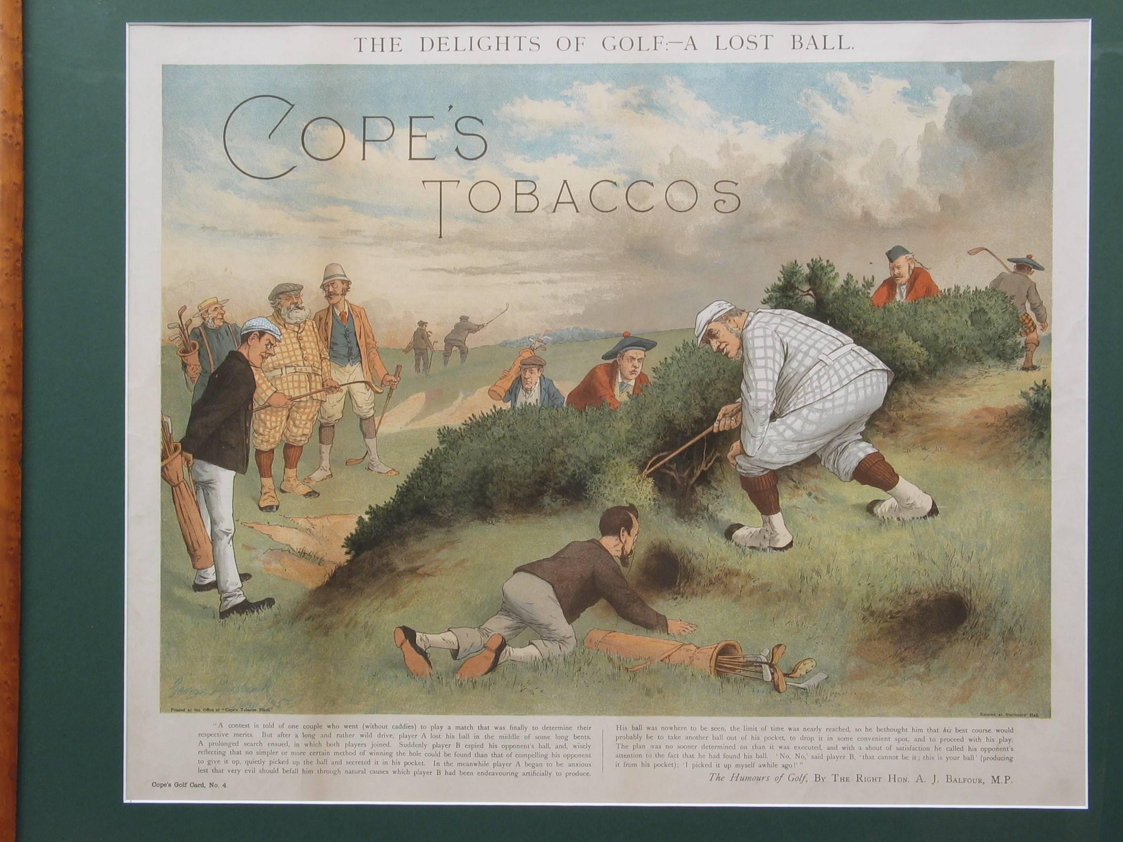 Antique golf print.
Cope's tobacco chromolithograph by George Pipeshank.
'The Delights of Golf - A Lost Ball' taken from the fine promotional works for Copes, but featuring many of the great players and characters of the day including Tom Morris