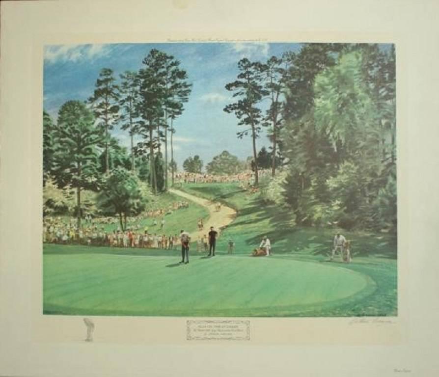 He 1968 US Masters Golf Tournament.
Arthur Weaver Golf print of The Masters 1968, 'Play On The 6th Green, The Masters 1968 - Gary Player watches Frank Beard'. The print is signed in pencil by the artist with hand drawn Remarque of a golfer in full