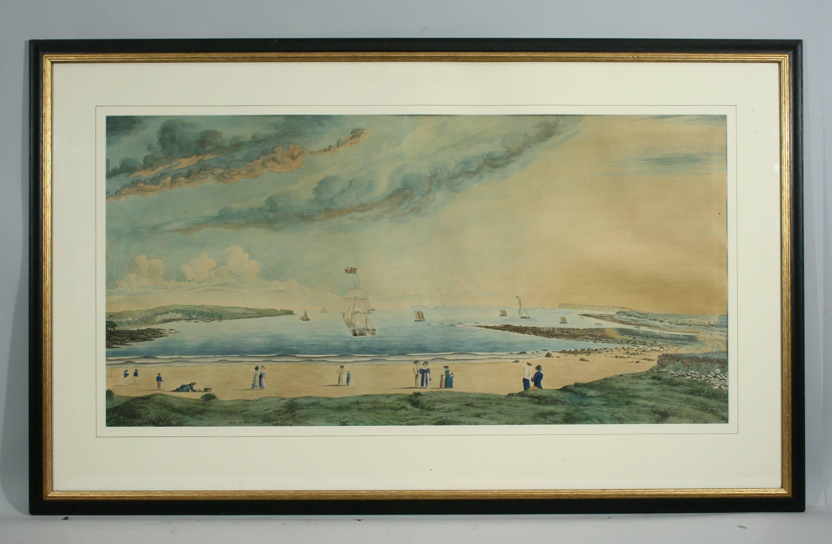 The young golfers, watercolor.
A fine watercolor painting of Thurso Bay, looking out towards the Orkney Isles, from the most northern coastline of Scotland. The painting shows young golfers playing the game on the sandy beach. A wonderful naive