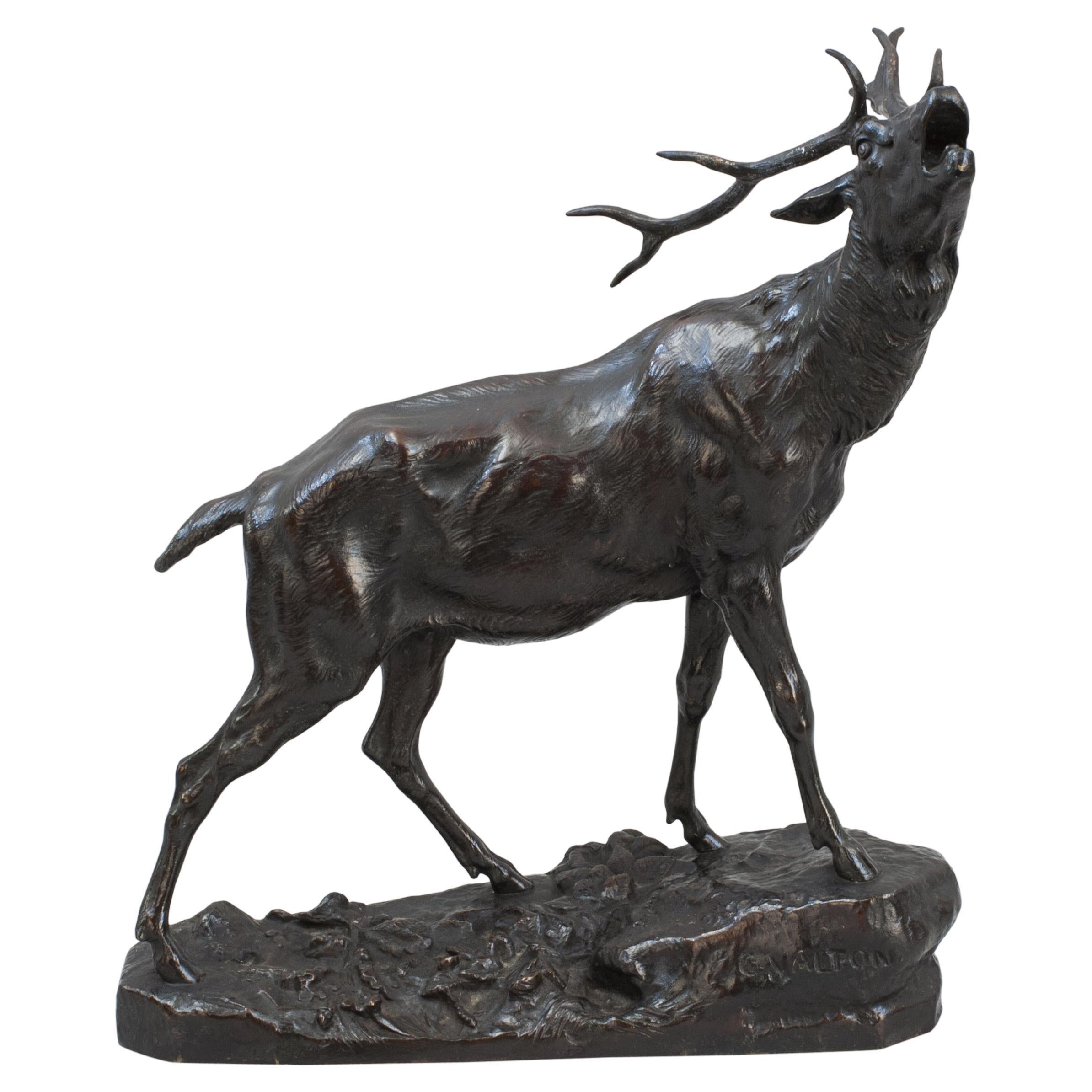 Bronzefigur eines röhrenden Hirsches, C. Valton im Angebot