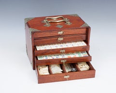 Vintage Mahjong Set In Painted Hardwood Box With Drawers