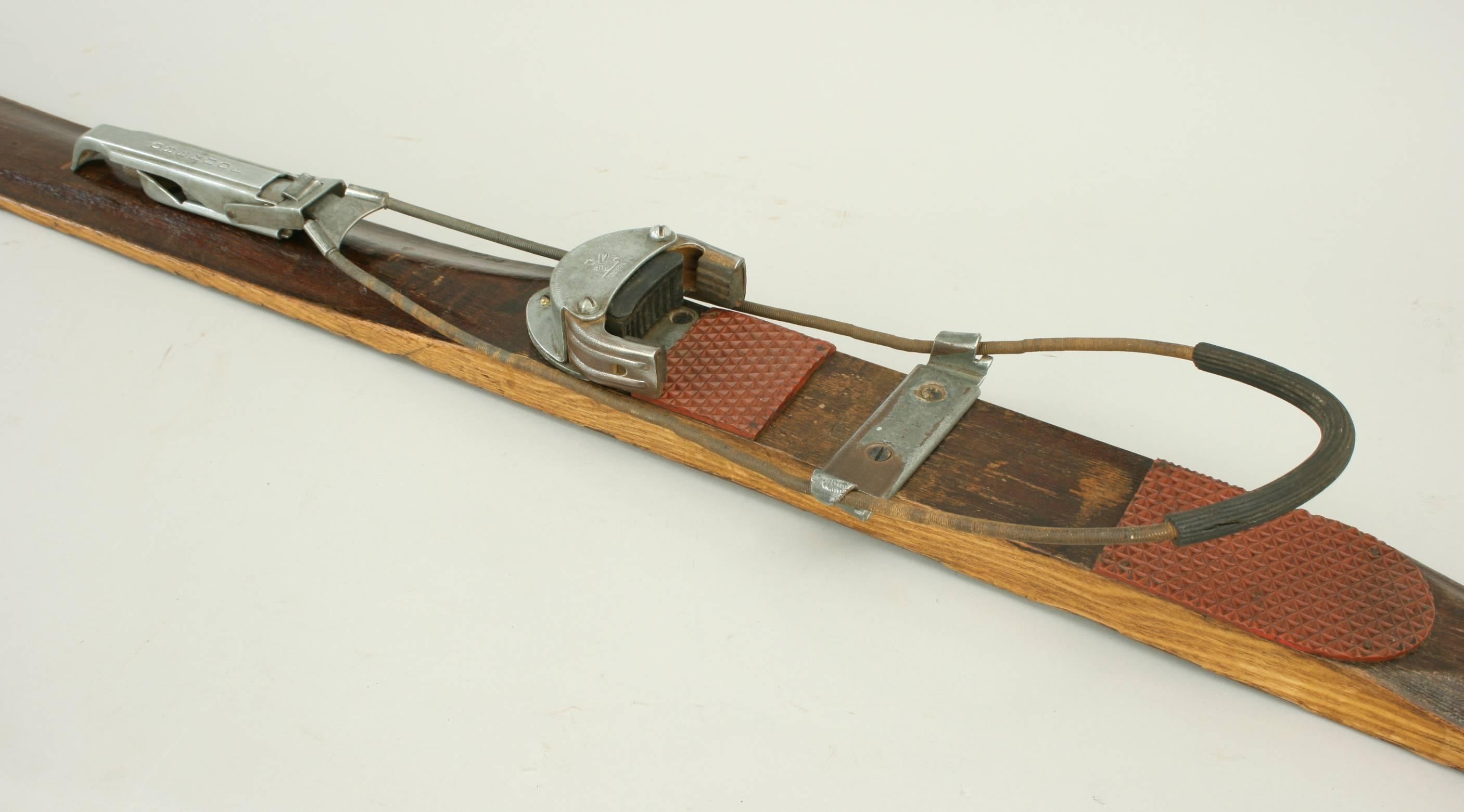 European Antique Ash Skis with Unique Oberhof Safety Bindings, Museum Piece