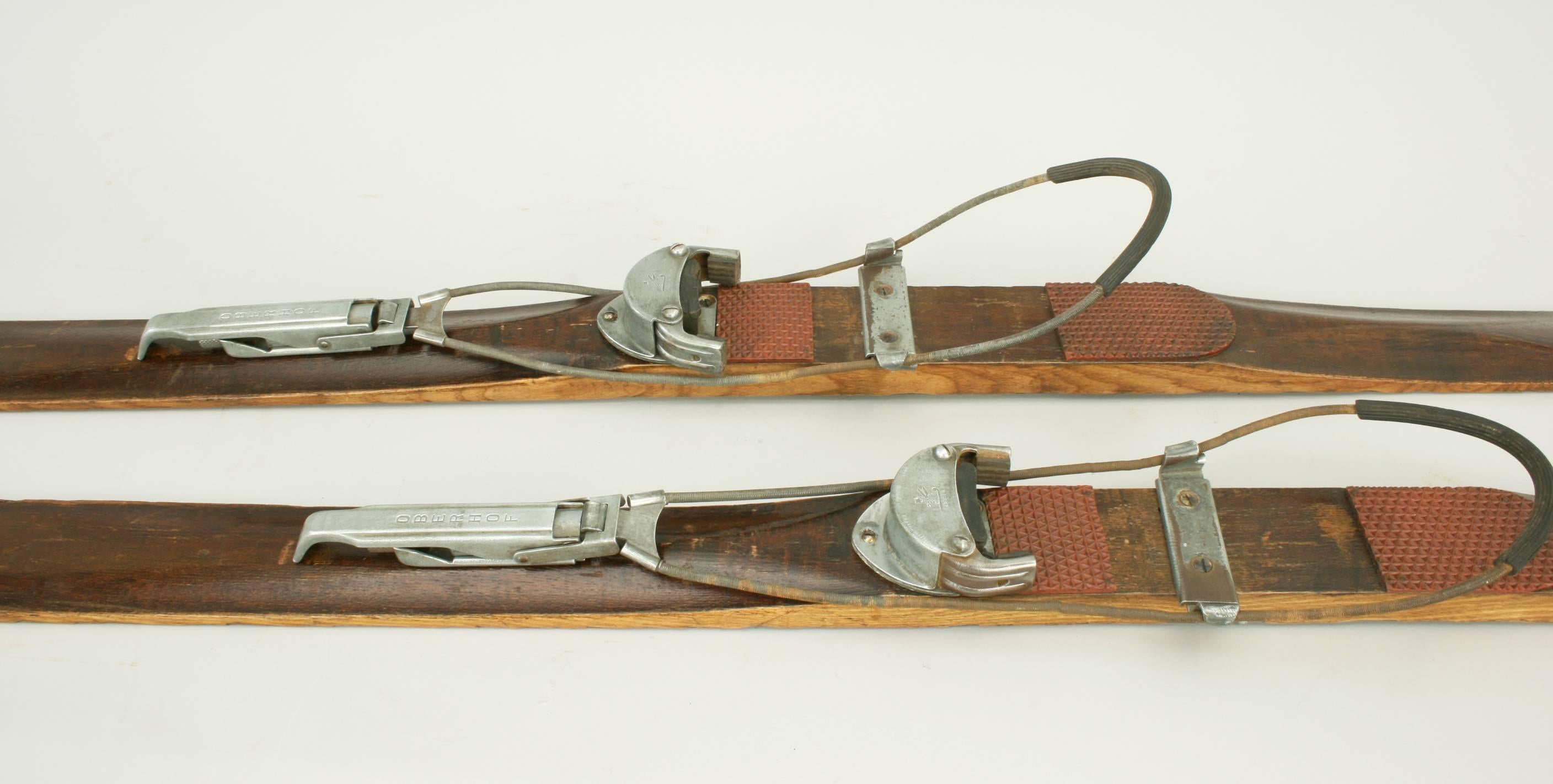 Mid-20th Century Antique Ash Skis with Unique Oberhof Safety Bindings, Museum Piece
