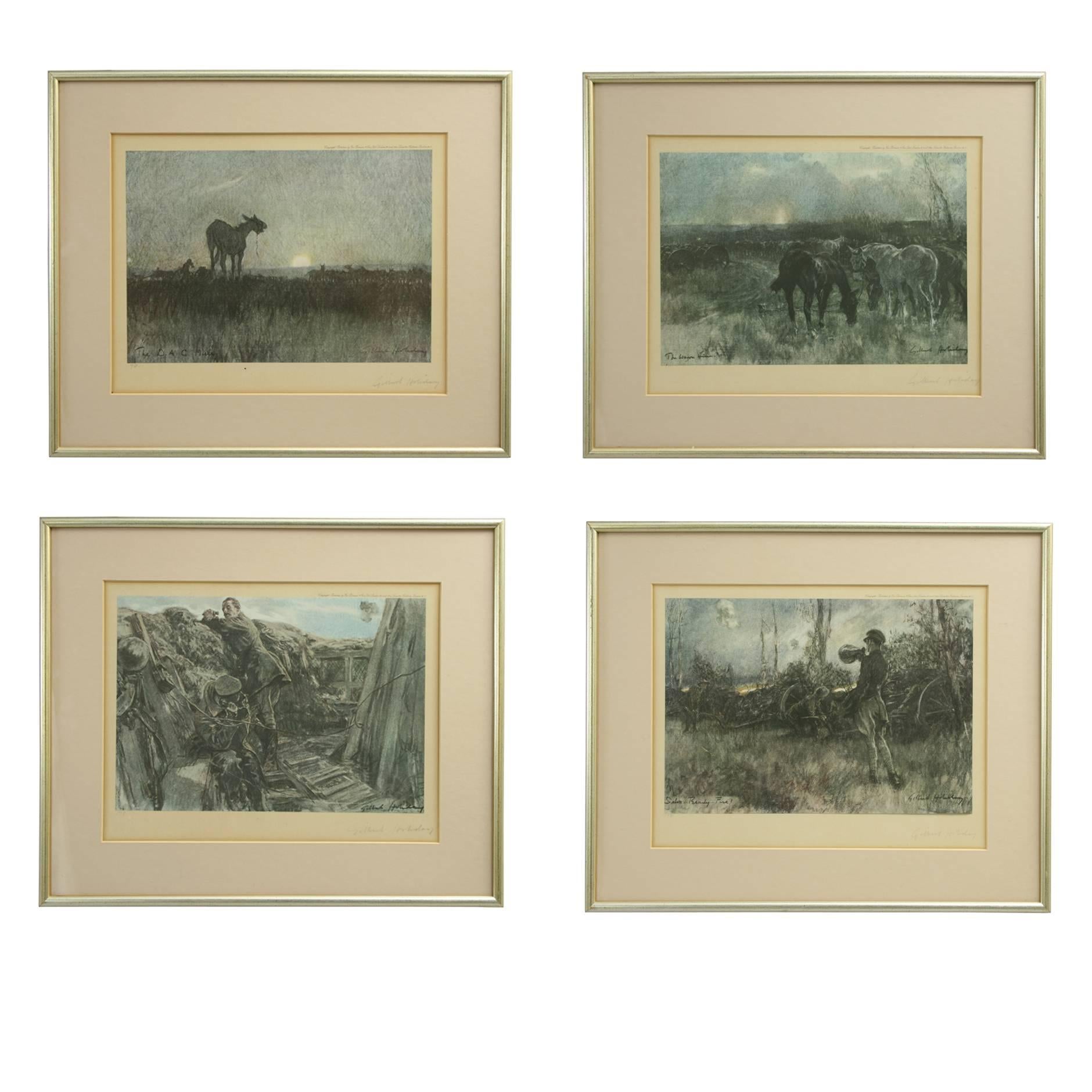 A very rare complete set of four Gilbert Holiday first WW scenes. The photolithographic images are mounted onto Sub sheets and are all signed in pencil by the artist. They are all framed and in good order, published circa 1916-1917. Printed onto the