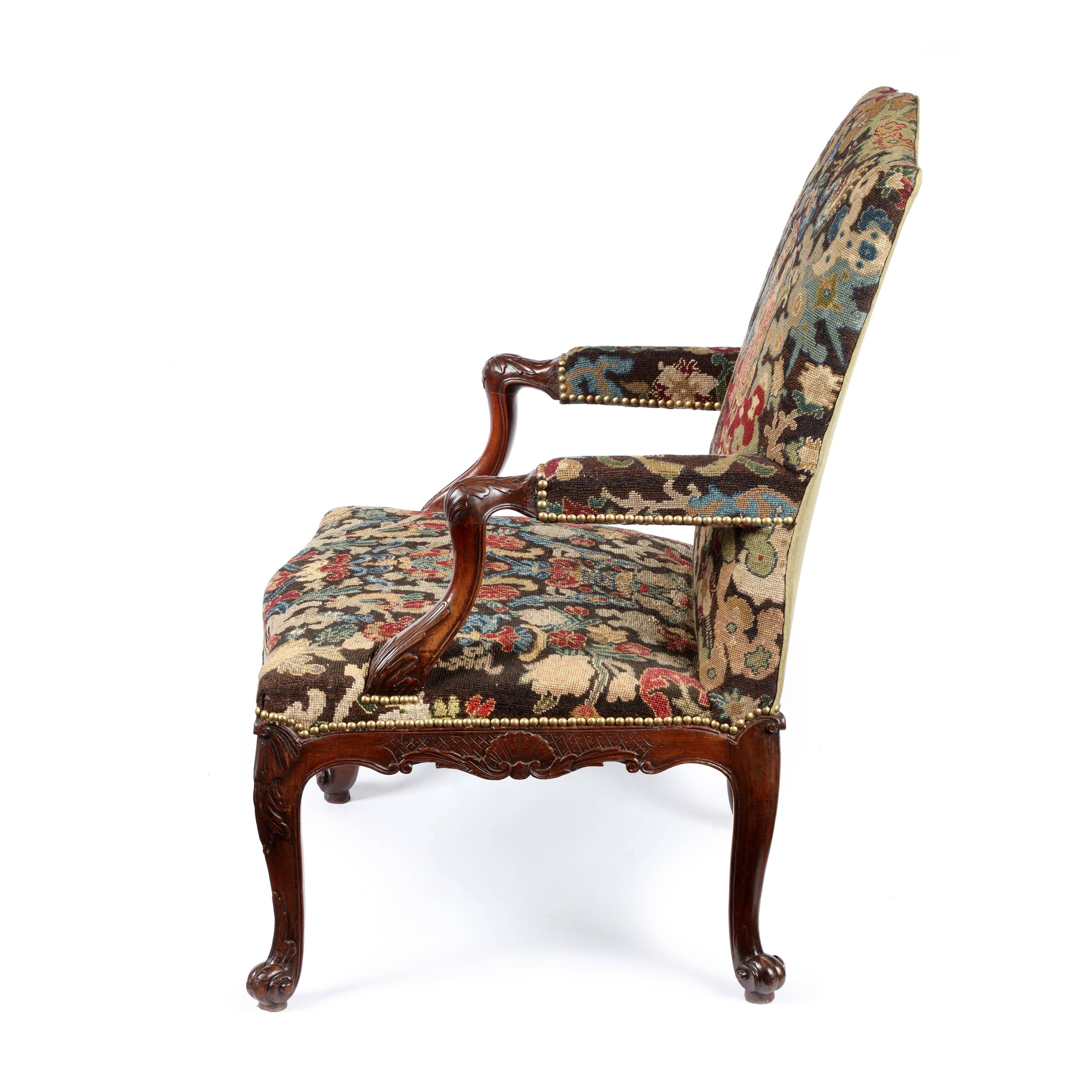 George III George II Carved Mahogany and Needlework Gainsborough Chair For Sale