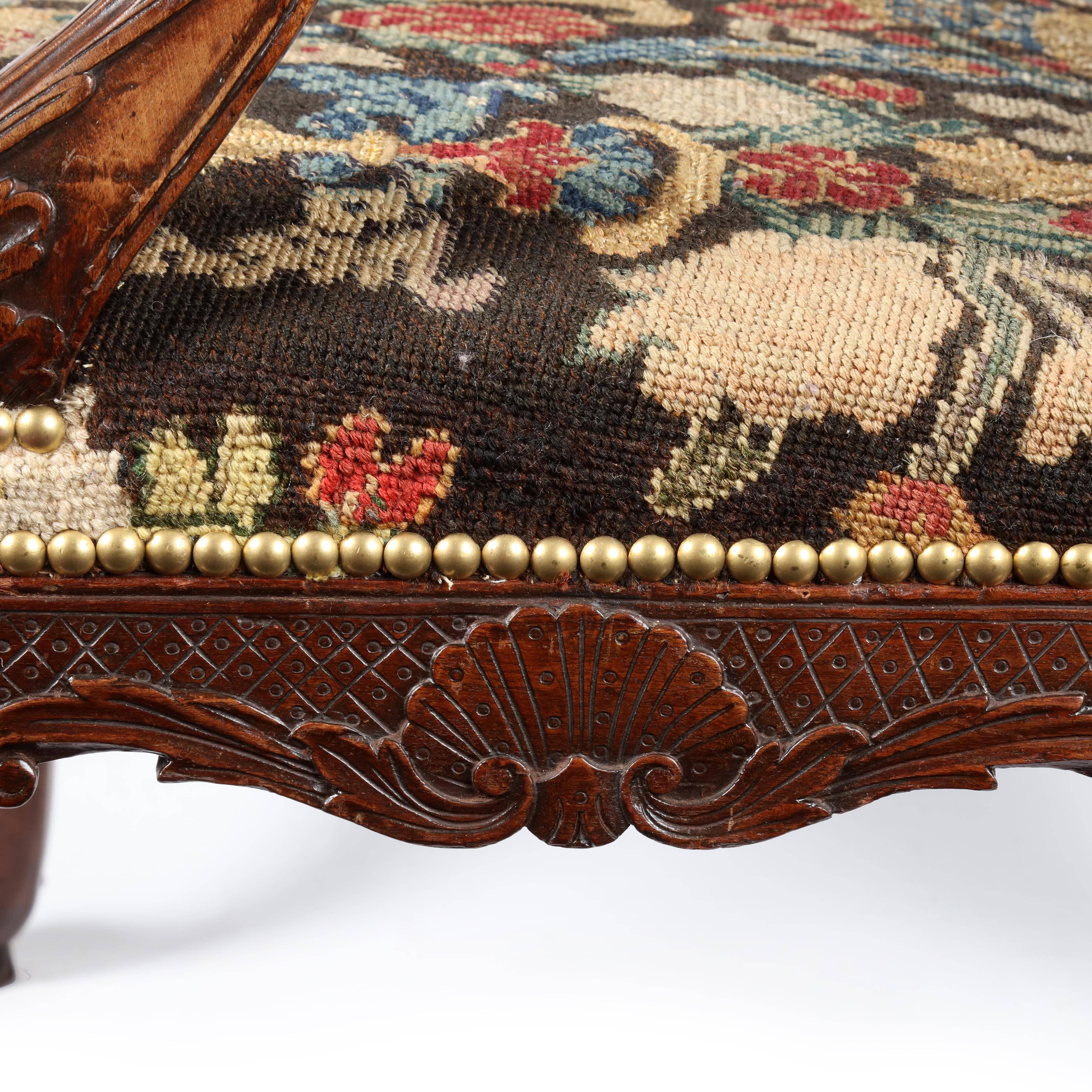 18th Century and Earlier George II Carved Mahogany and Needlework Gainsborough Chair For Sale