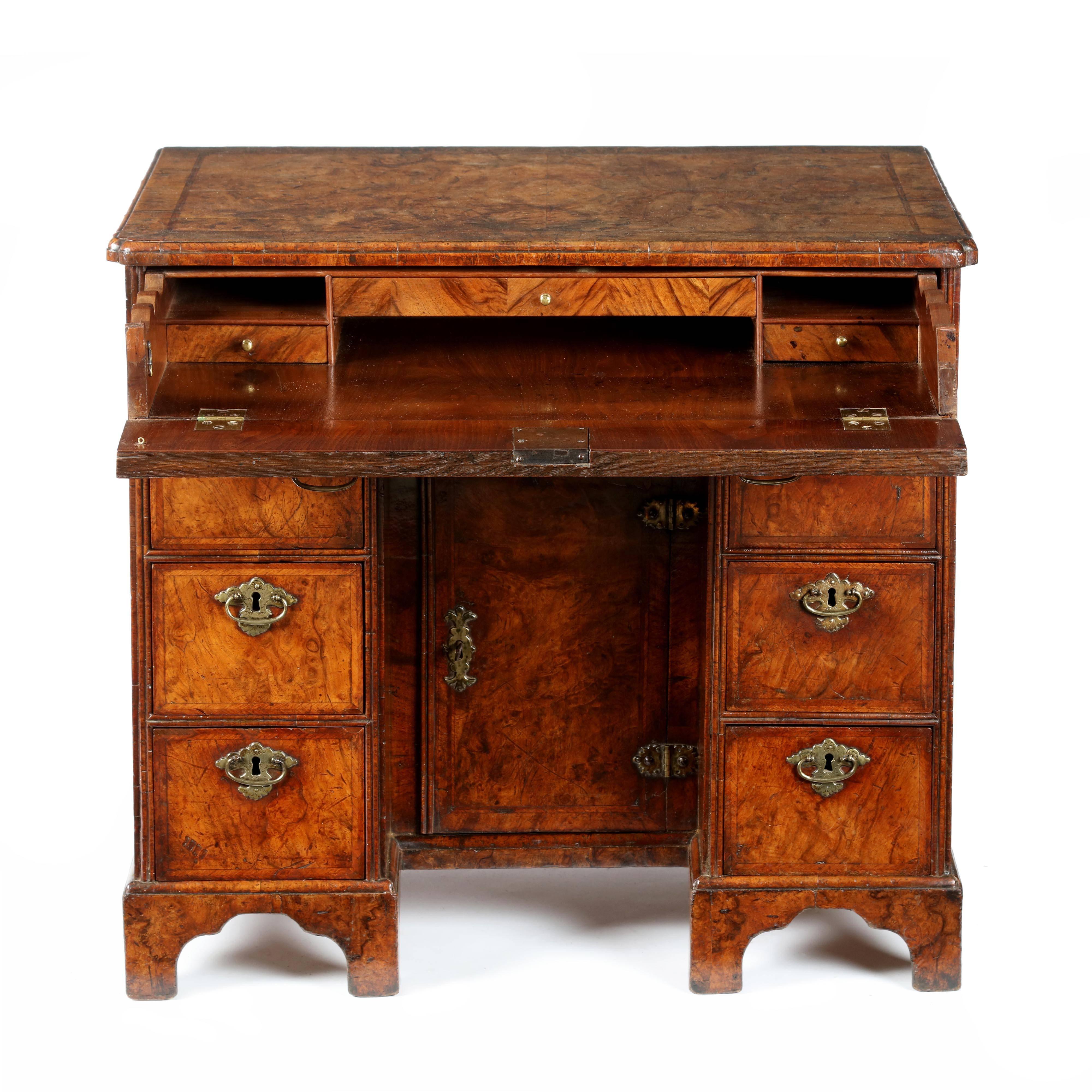 English Queen Anne Burr Walnut Secretaire Kneehole Desk For Sale