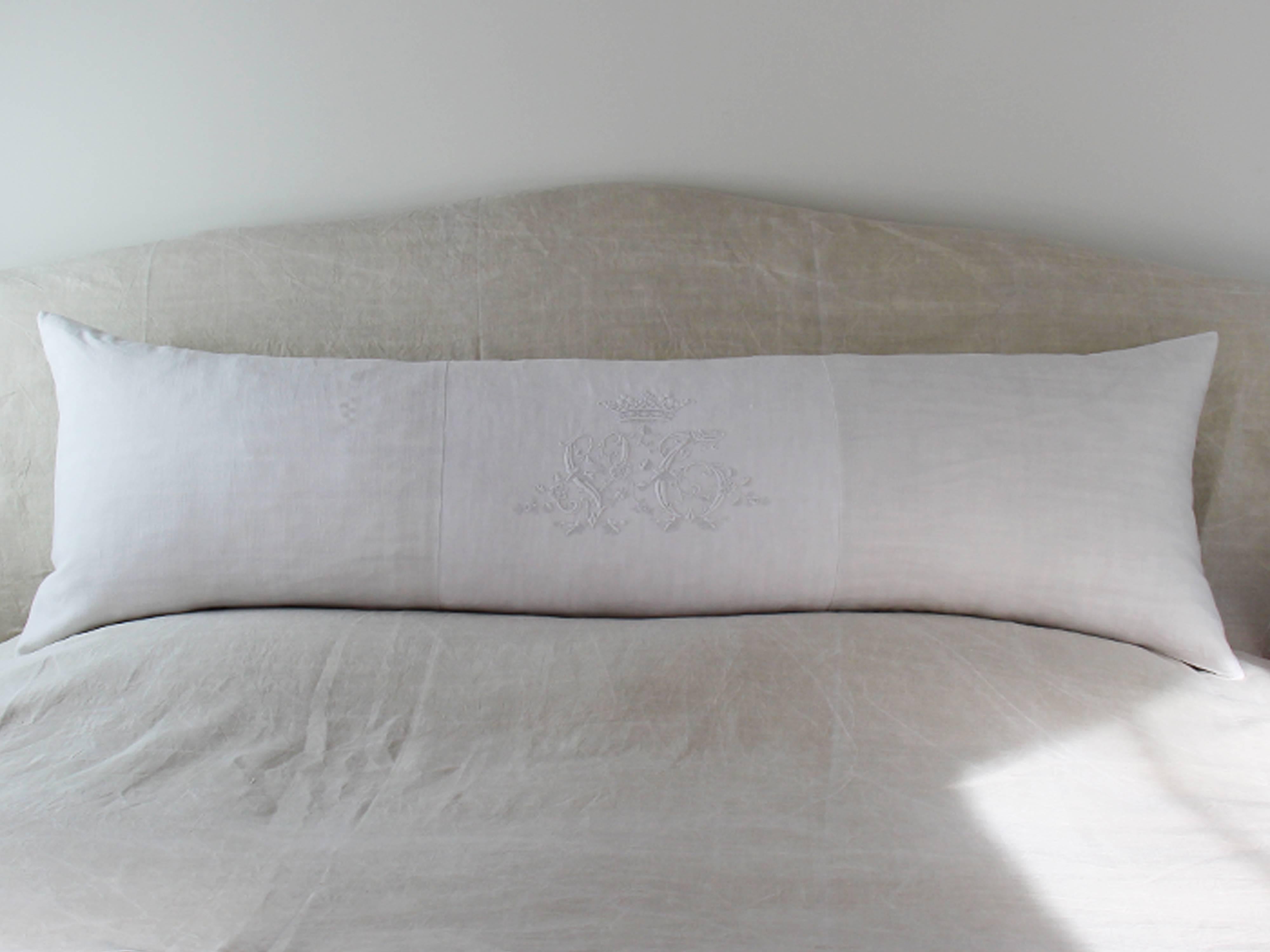 Charlotte Casadéjus collects unique and exceptional antique lace, embroidery, monograms and linens and uses them to create these wonderful pillows, cushions and bolsters. Her bolsters are particularly popular.

This one uses antique French linen