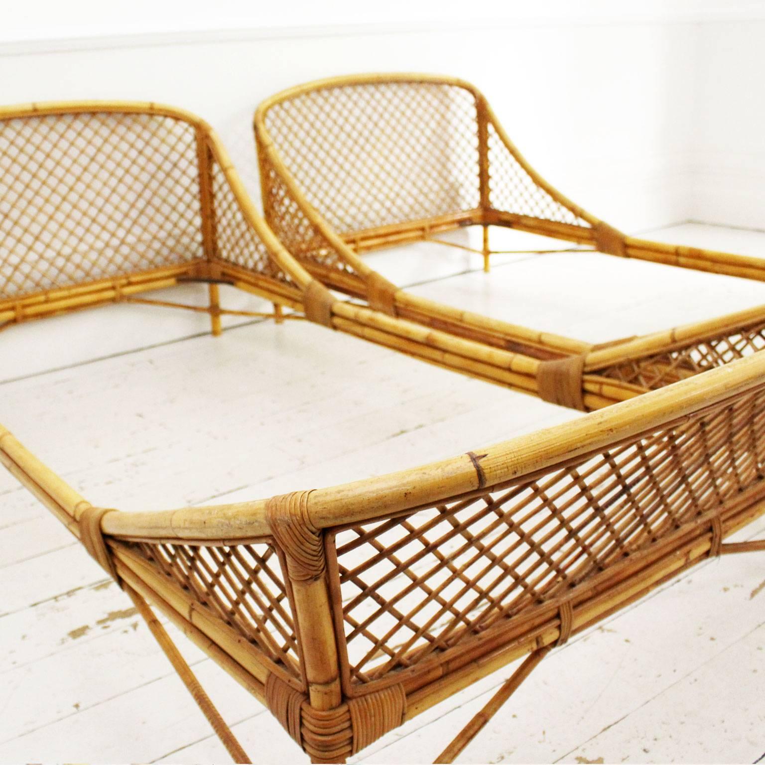 Pair of 1950s Mid-Century Modern Rattan and Bamboo French Beds by Louis Sognot 1
